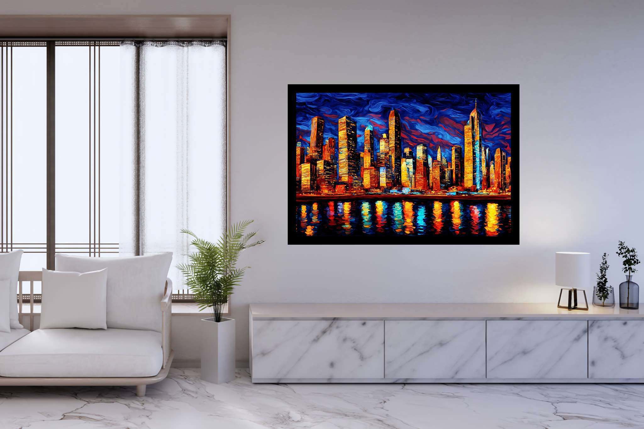 Starry heights reverie: Swirl art with abstract art, in a room with elegant layout, mural artworks, and home styling items. The art can be printed on poster, framed poster, canvas, metal, acrylic or wood, exclusively at WallArtZen. Find this exact print at https://wallartzen.com/waz102