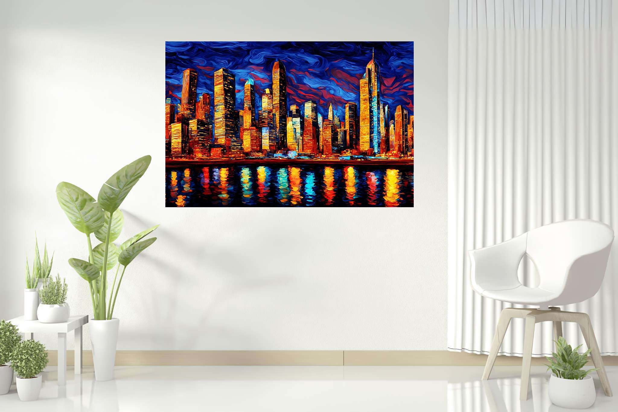 Starry heights reverie: Swirl art with dynamic visuals, in a room with modern style, digital art pieces, and artisan decor. The art can be printed on poster, framed poster, canvas, metal, acrylic or wood, exclusively at WallArtZen. Find this exact print at https://wallartzen.com/waz102