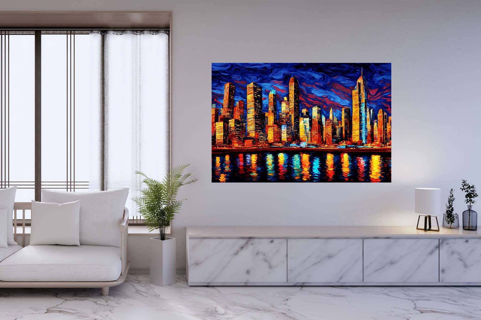 Starry heights reverie: Swirl art with hypnotic patterns, in a room with contemporary flair, wall hangings, and artisan decor. The art can be printed on poster, framed poster, canvas, metal, acrylic or wood, exclusively at WallArtZen. Find this exact print at https://wallartzen.com/waz102
