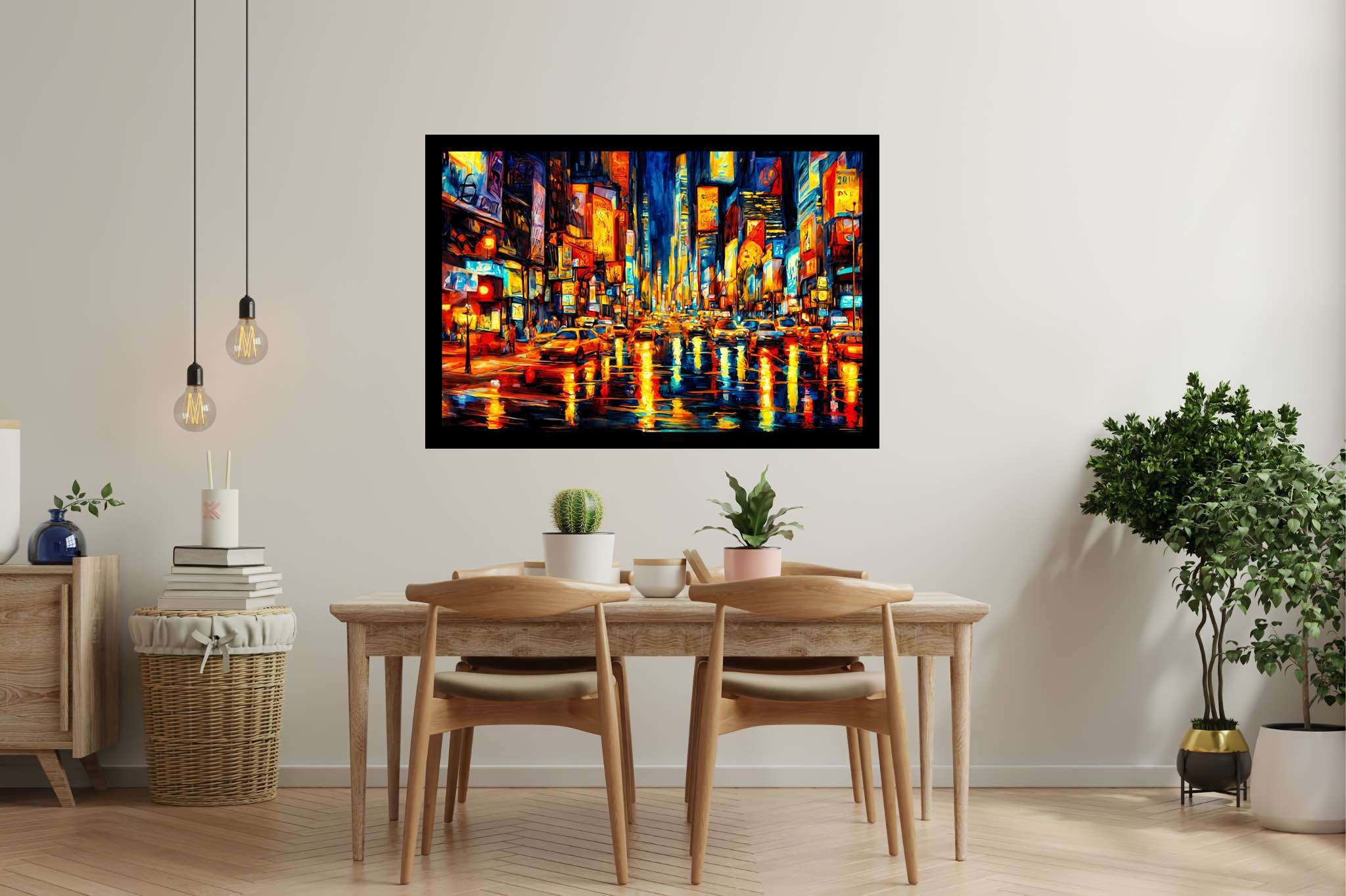 Luminous rainfall serenade: Rainy city art with city street paintings, in a room with urban design, canvas prints, and decorative pieces. The art can be printed on poster, framed poster, canvas, metal, acrylic or wood, exclusively at WallArtZen. Find this exact print at https://wallartzen.com/waz103