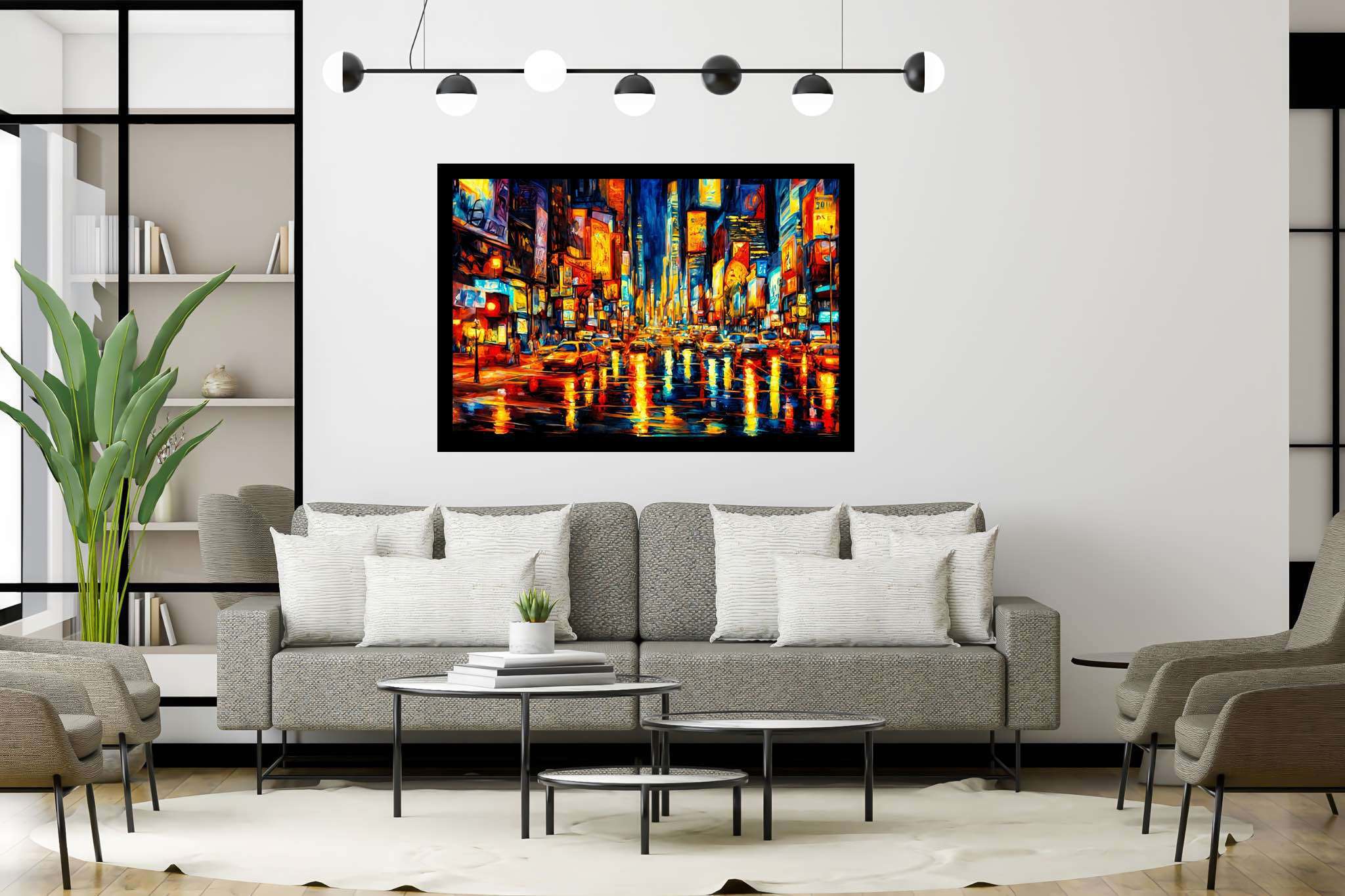 Luminous rainfall serenade: Rainy city art with urban rain artwork, in a room with elegant layout, abstract paintings, and luxe decor. The art can be printed on poster, framed poster, canvas, metal, acrylic or wood, exclusively at WallArtZen. Find this exact print at https://wallartzen.com/waz103