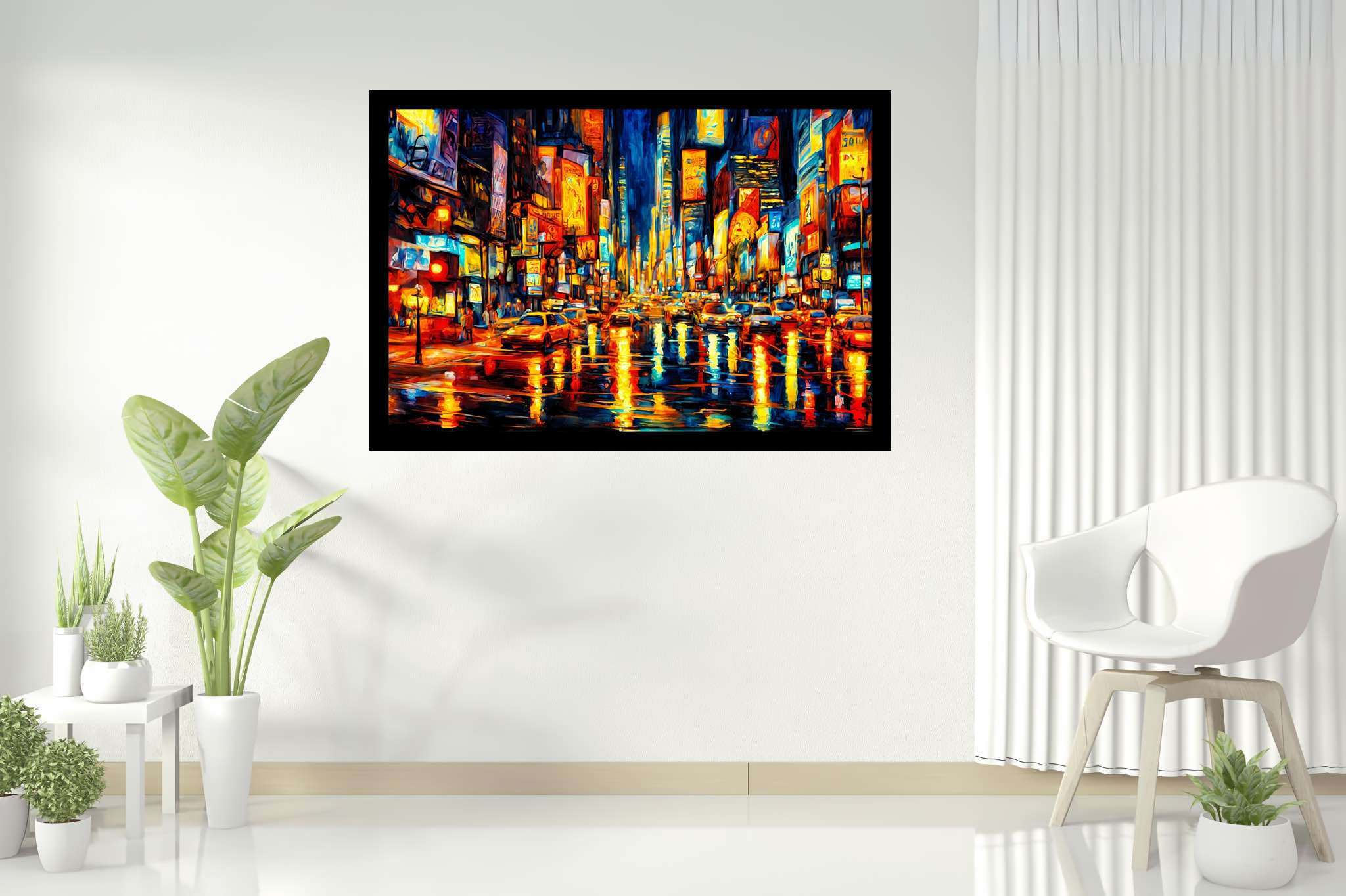 Luminous rainfall serenade: Rainy city art with urban rain scenes, in a room with modern style, abstract paintings, and interior decorations. The art can be printed on poster, framed poster, canvas, metal, acrylic or wood, exclusively at WallArtZen. Find this exact print at https://wallartzen.com/waz103