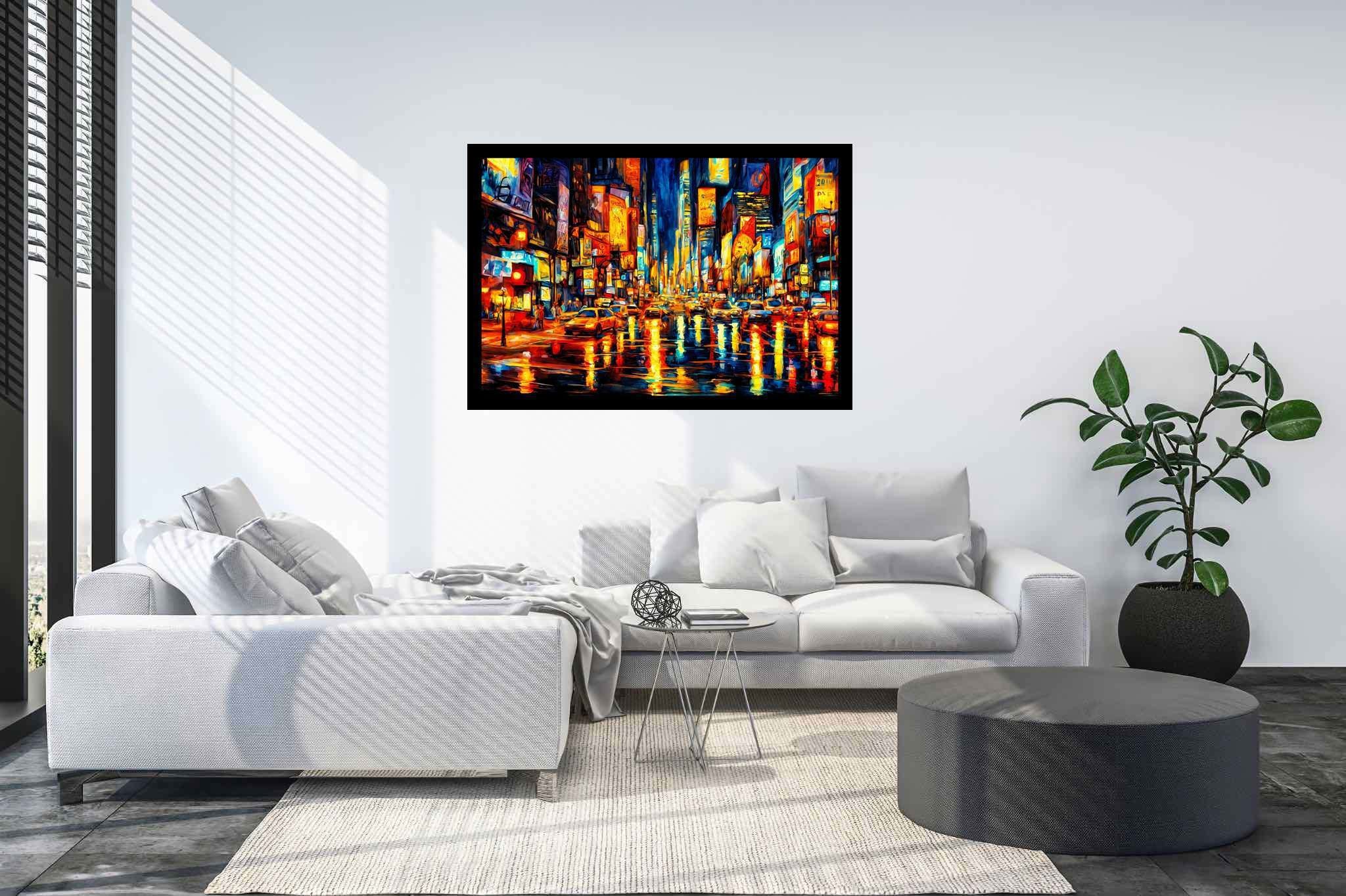 Luminous rainfall serenade: Rainy city art with urban rain art, in a room with artistic style, bespoke art designs, and interior decorations. The art can be printed on poster, framed poster, canvas, metal, acrylic or wood, exclusively at WallArtZen. Find this exact print at https://wallartzen.com/waz103