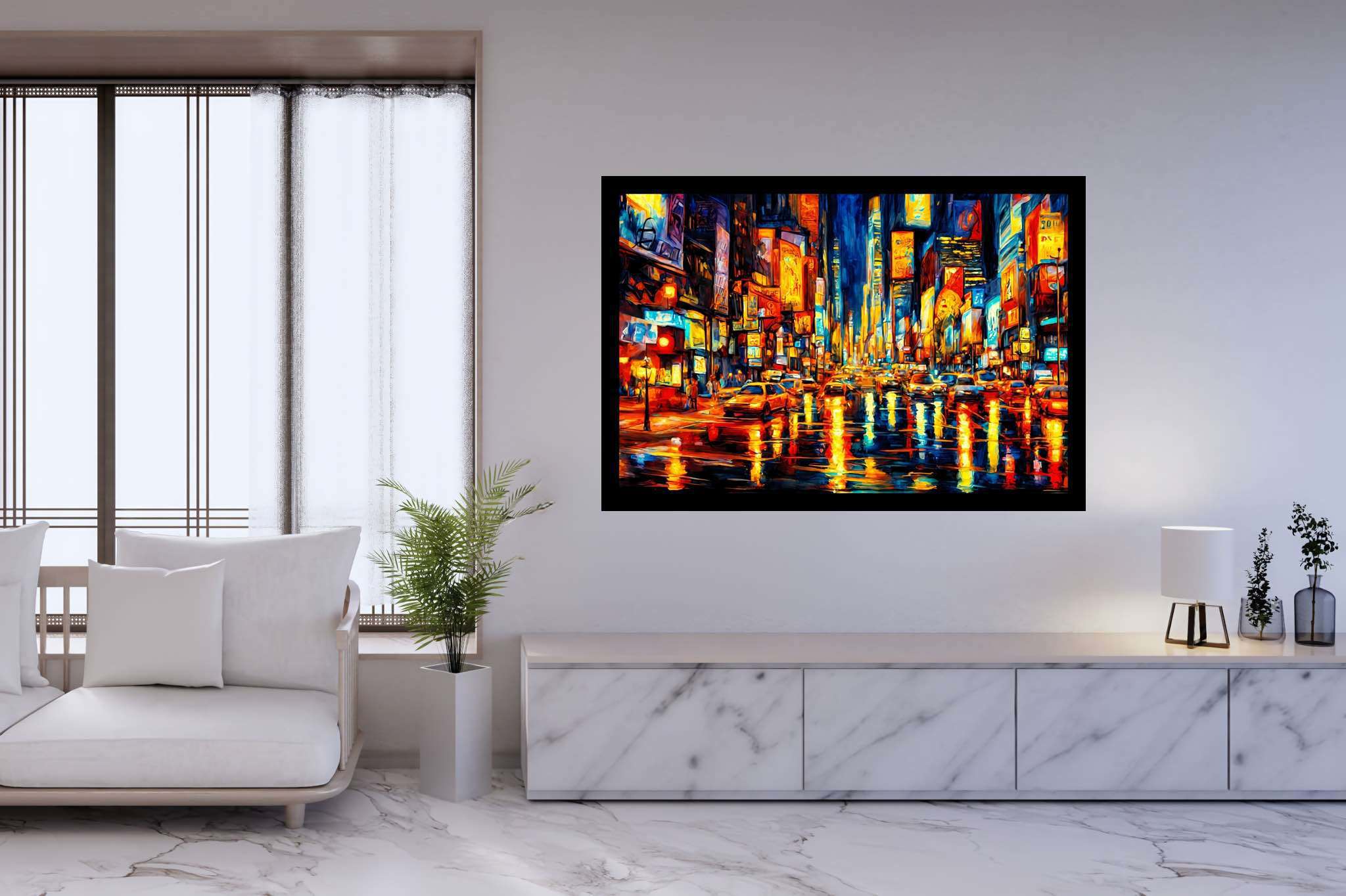 Luminous rainfall serenade: Rainy city art with urban artwork, in a room with modern style, framed art, and trendy home accents. The art can be printed on poster, framed poster, canvas, metal, acrylic or wood, exclusively at WallArtZen. Find this exact print at https://wallartzen.com/waz103