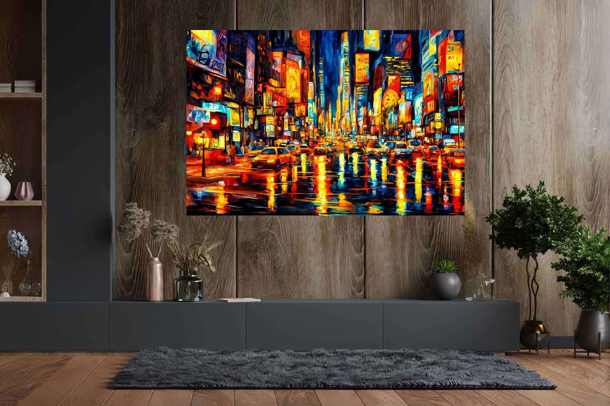 Luminous rainfall serenade: Rainy city art with rainy day paintings, in a room with urban design, canvas prints, and decorative pieces. The art can be printed on poster, framed poster, canvas, metal, acrylic or wood, exclusively at WallArtZen. Find this exact print at https://wallartzen.com/waz103