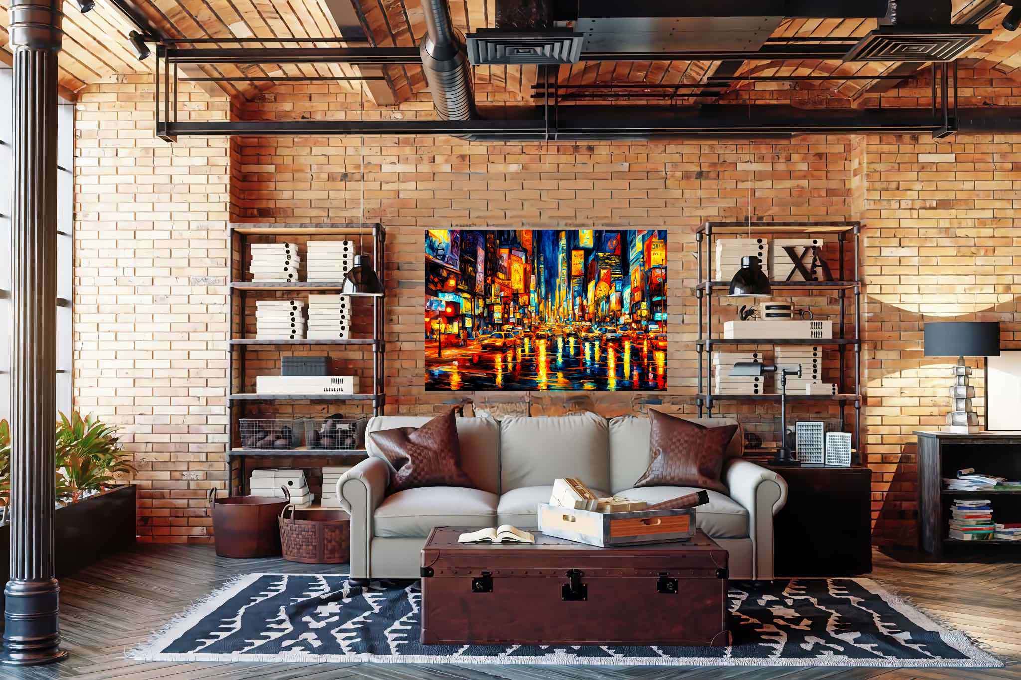 Luminous rainfall serenade: Rainy city art with rainy city landscapes, in a room with artistic style, canvas prints, and decorative pieces. The art can be printed on poster, framed poster, canvas, metal, acrylic or wood, exclusively at WallArtZen. Find this exact print at https://wallartzen.com/waz103
