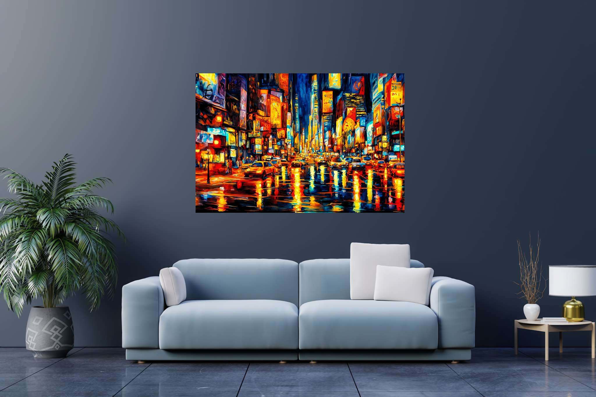 Luminous rainfall serenade: Rainy city art with city rain scenes, in a room with great design, mural artworks, and interior decorations. The art can be printed on poster, framed poster, canvas, metal, acrylic or wood, exclusively at WallArtZen. Find this exact print at https://wallartzen.com/waz103
