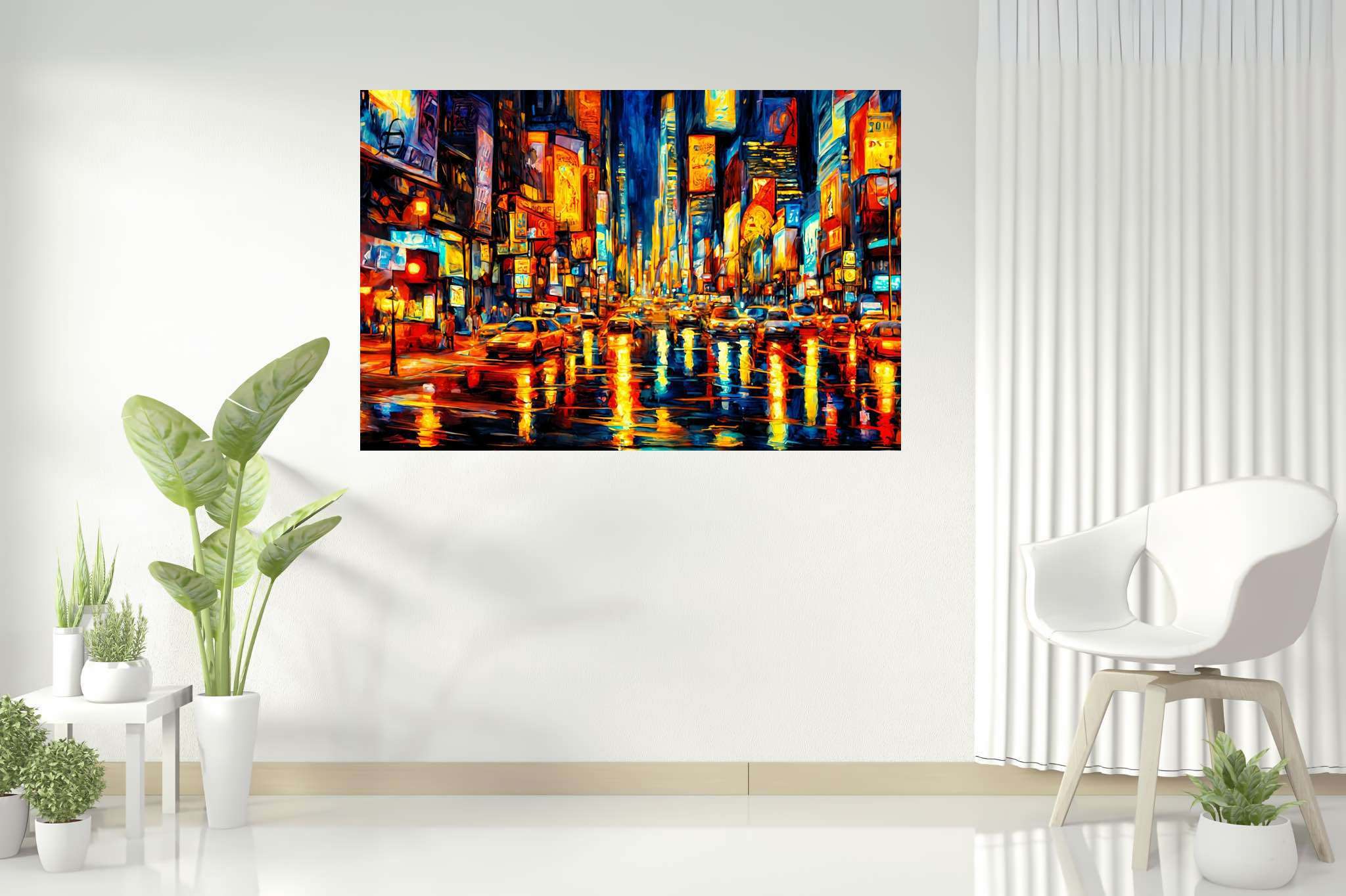 Luminous rainfall serenade: Rainy city art with rainy day cityscape, in a room with urban design, wall art, and decorative pieces. The art can be printed on poster, framed poster, canvas, metal, acrylic or wood, exclusively at WallArtZen. Find this exact print at https://wallartzen.com/waz103
