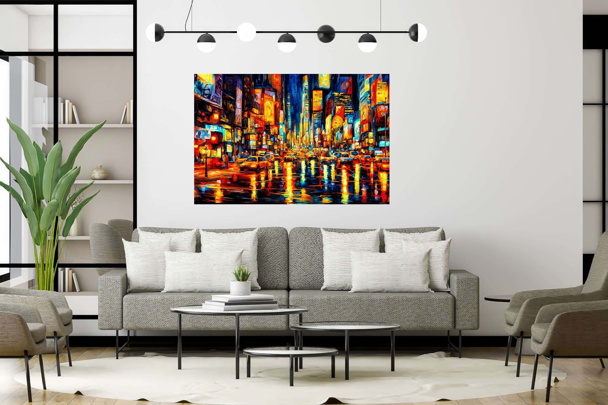 Luminous rainfall serenade: Rainy city art with city street paintings, in a room with elegant layout, digital art pieces, and designer furniture. The art can be printed on poster, framed poster, canvas, metal, acrylic or wood, exclusively at WallArtZen. Find this exact print at https://wallartzen.com/waz103
