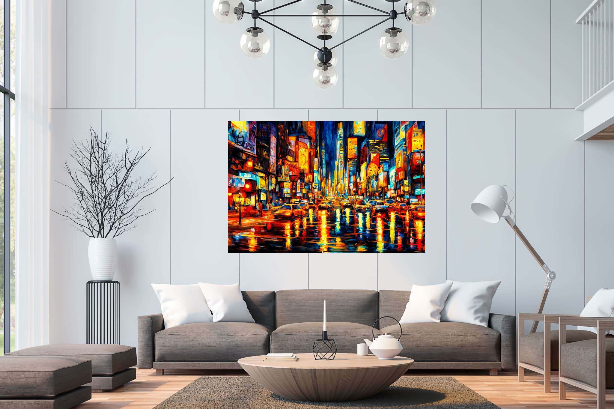Luminous rainfall serenade: Rainy city art with urban rain artwork, in a room with minimalist approach, fine art prints, and home furnishings. The art can be printed on poster, framed poster, canvas, metal, acrylic or wood, exclusively at WallArtZen. Find this exact print at https://wallartzen.com/waz103