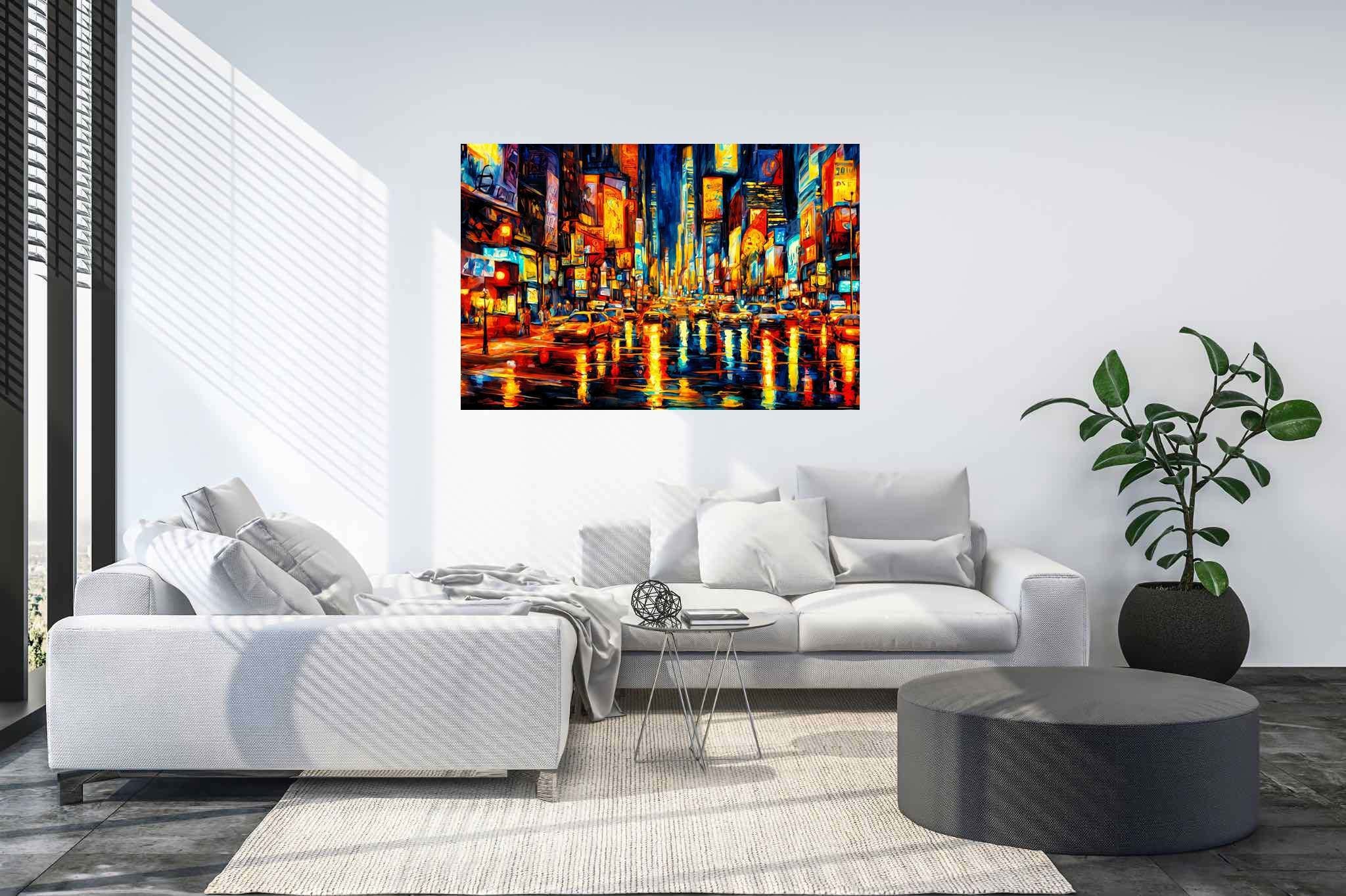 Luminous rainfall serenade: Rainy city art with rainy day cityscape, in a room with innovative layout, gallery-quality artwork, and interior decorations. The art can be printed on poster, framed poster, canvas, metal, acrylic or wood, exclusively at WallArtZen. Find this exact print at https://wallartzen.com/waz103