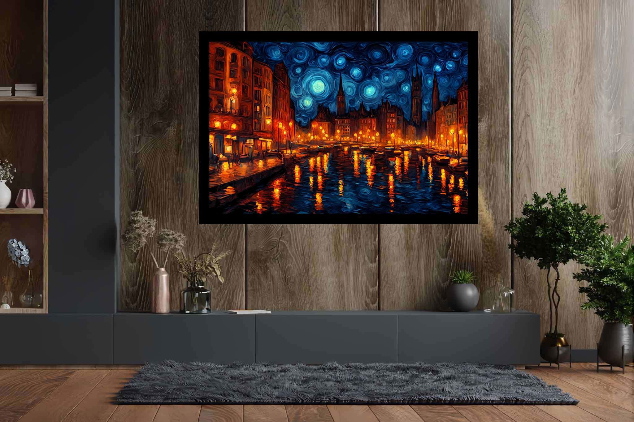 Starlit silhouettes unveiled: Illuminated city art with neon city art, in a room with contemporary flair, framed art, and stylish accessories. The art can be printed on poster, framed poster, canvas, metal, acrylic or wood, exclusively at WallArtZen. Find this exact print at https://wallartzen.com/waz104