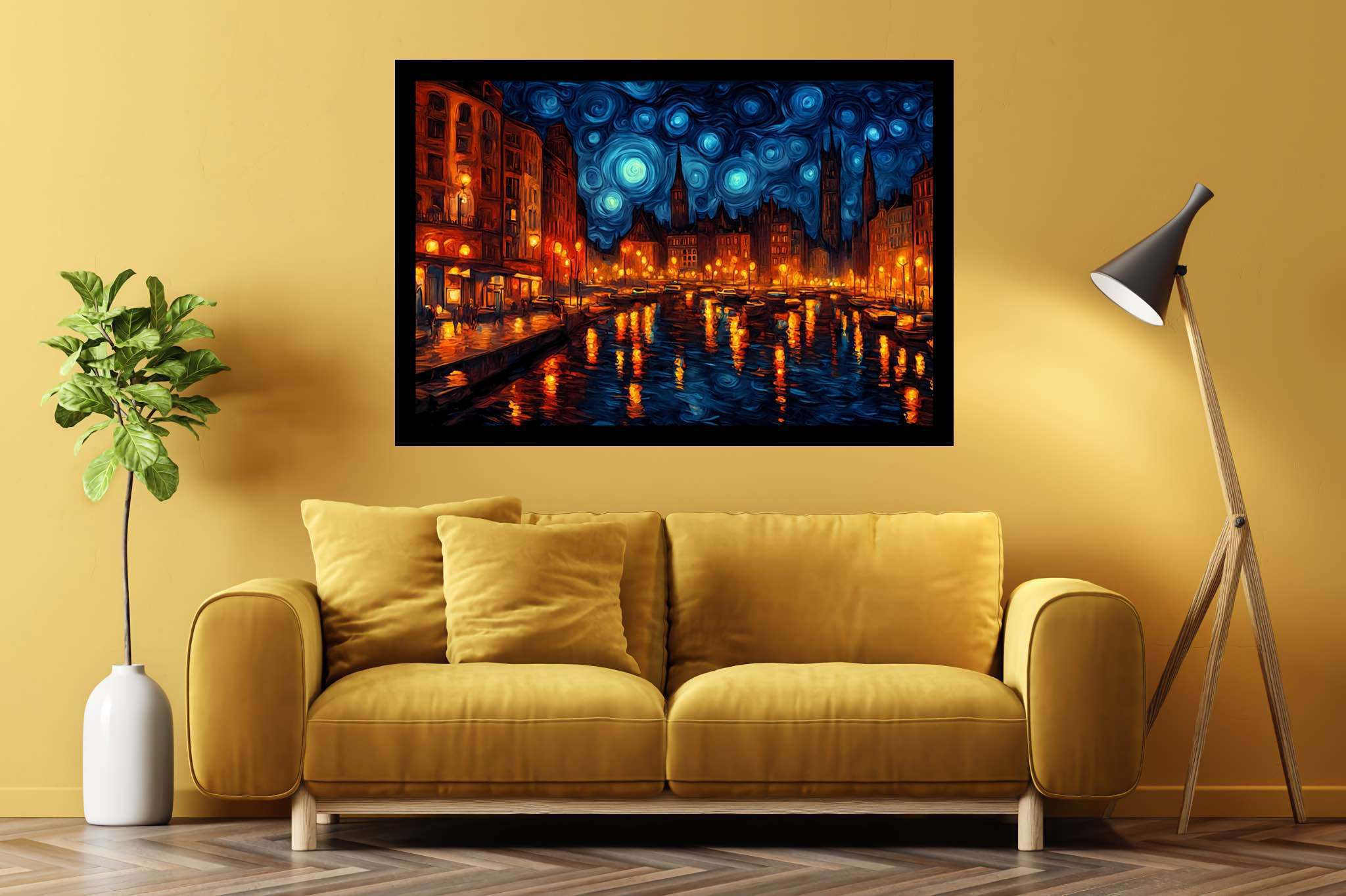 Starlit silhouettes unveiled: Illuminated city art with illuminated city art, in a room with contemporary flair, abstract paintings, and home styling items. The art can be printed on poster, framed poster, canvas, metal, acrylic or wood, exclusively at WallArtZen. Find this exact print at https://wallartzen.com/waz104