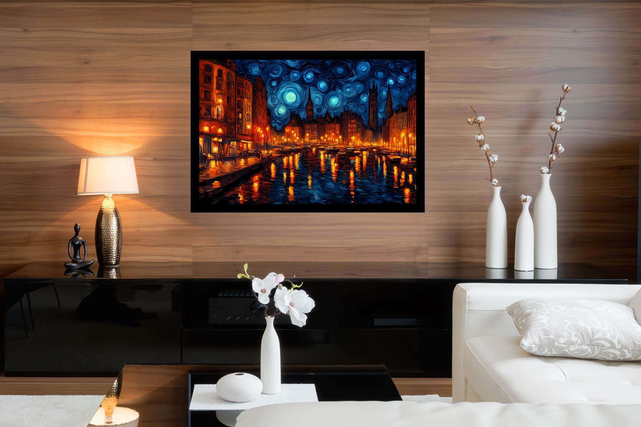Starlit silhouettes unveiled: Illuminated city art with night cityscapes, in a room with innovative layout, canvas prints, and home furnishings. The art can be printed on poster, framed poster, canvas, metal, acrylic or wood, exclusively at WallArtZen. Find this exact print at https://wallartzen.com/waz104