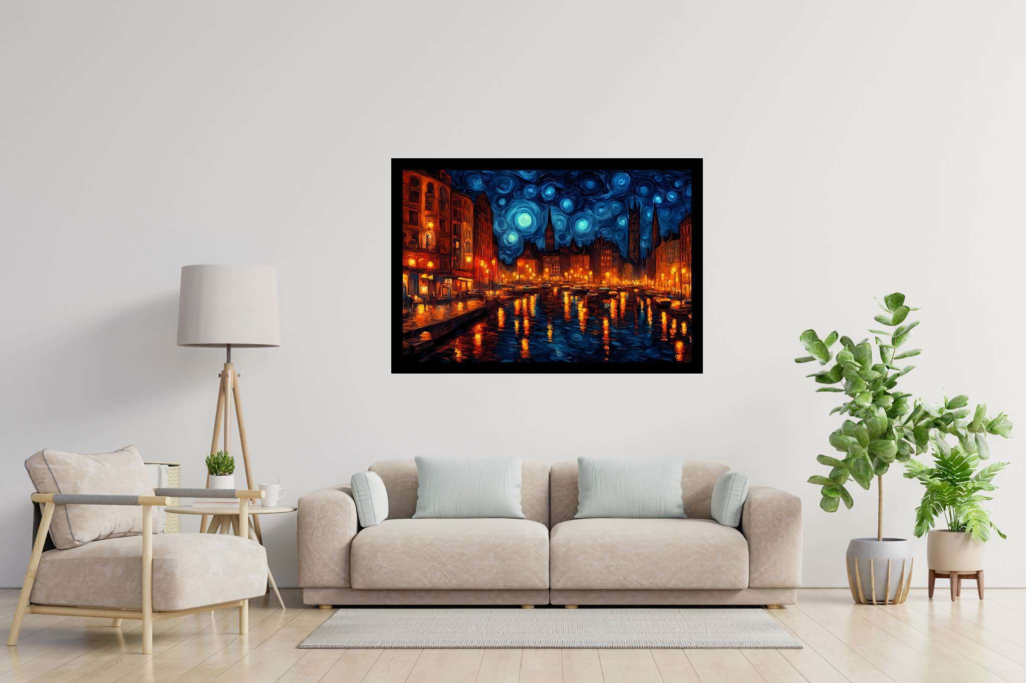 Starlit silhouettes unveiled: Illuminated city art with urban reflections, in a room with urban design, canvas prints, and interior decorations. The art can be printed on poster, framed poster, canvas, metal, acrylic or wood, exclusively at WallArtZen. Find this exact print at https://wallartzen.com/waz104