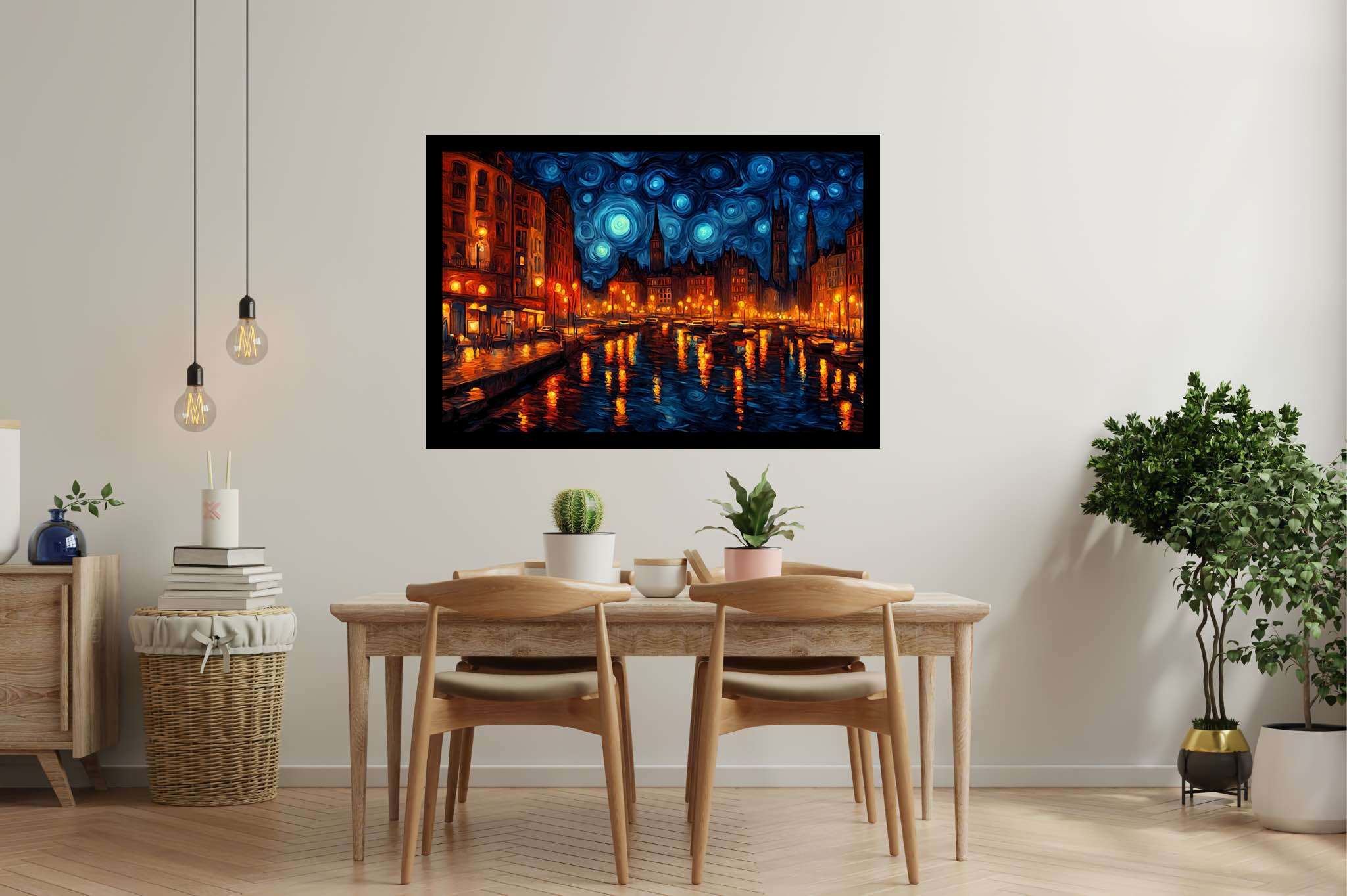 Starlit silhouettes unveiled: Illuminated city art with night cityscapes, in a room with great design, wall art, and designer furniture. The art can be printed on poster, framed poster, canvas, metal, acrylic or wood, exclusively at WallArtZen. Find this exact print at https://wallartzen.com/waz104
