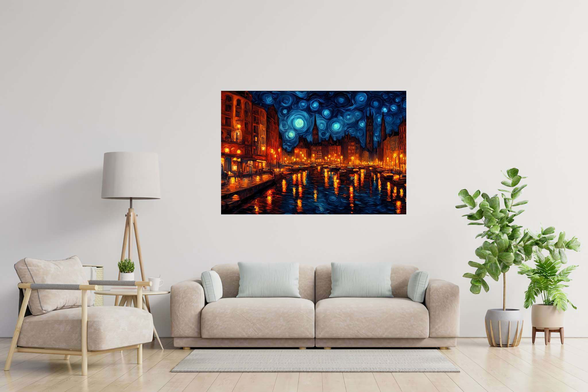 Starlit silhouettes unveiled: Illuminated city art with cityscape paintings, in a room with artistic style, wall hangings, and artisan decor. The art can be printed on poster, framed poster, canvas, metal, acrylic or wood, exclusively at WallArtZen. Find this exact print at https://wallartzen.com/waz104