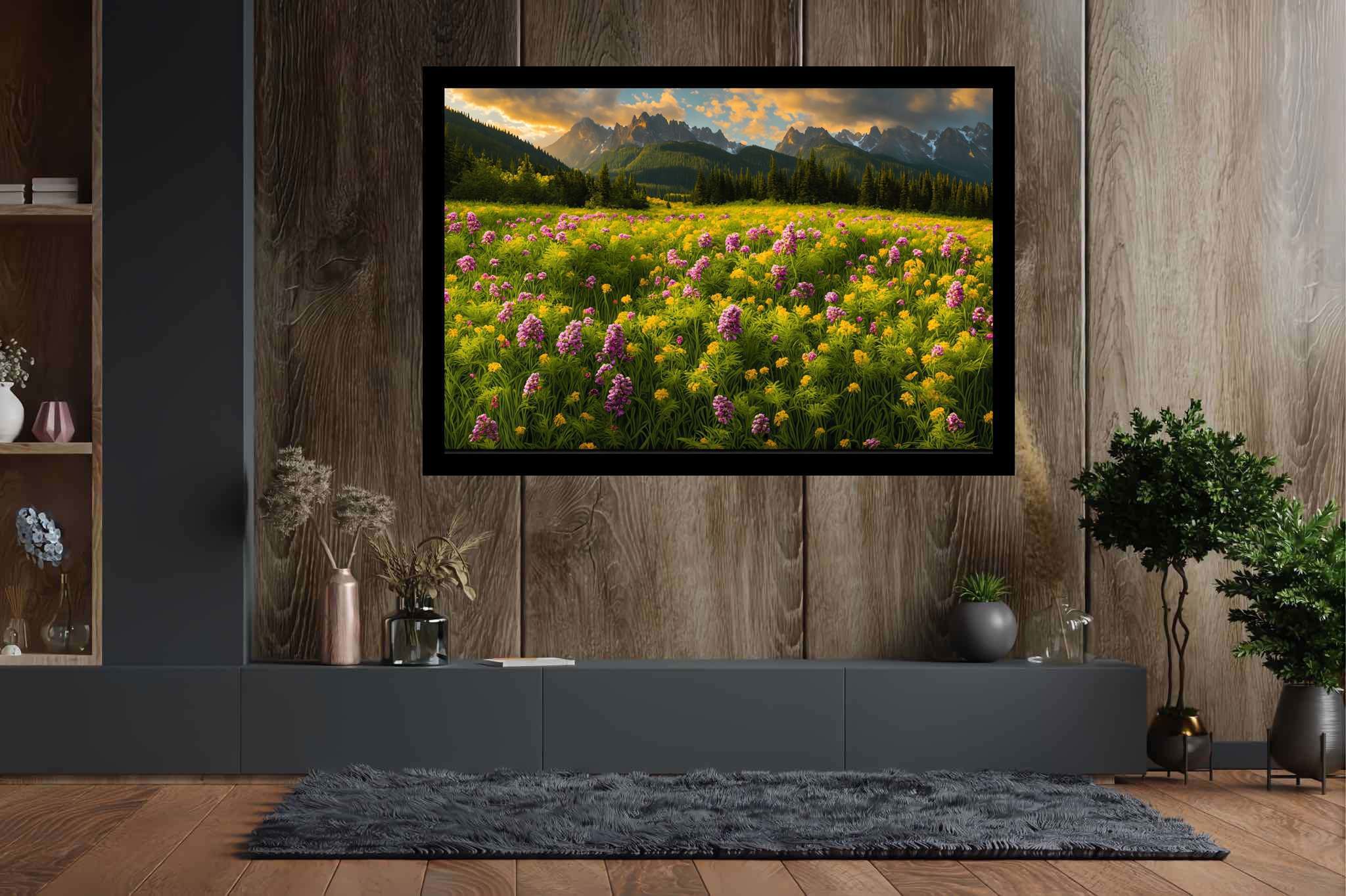 Serenade of the sundown peaks: Scenic landscape art with breathtaking vistas, in a room with chic decor, mural artworks, and home styling items. The art can be printed on poster, framed poster, canvas, metal, acrylic or wood, exclusively at WallArtZen. Find this exact print at https://wallartzen.com/waz105