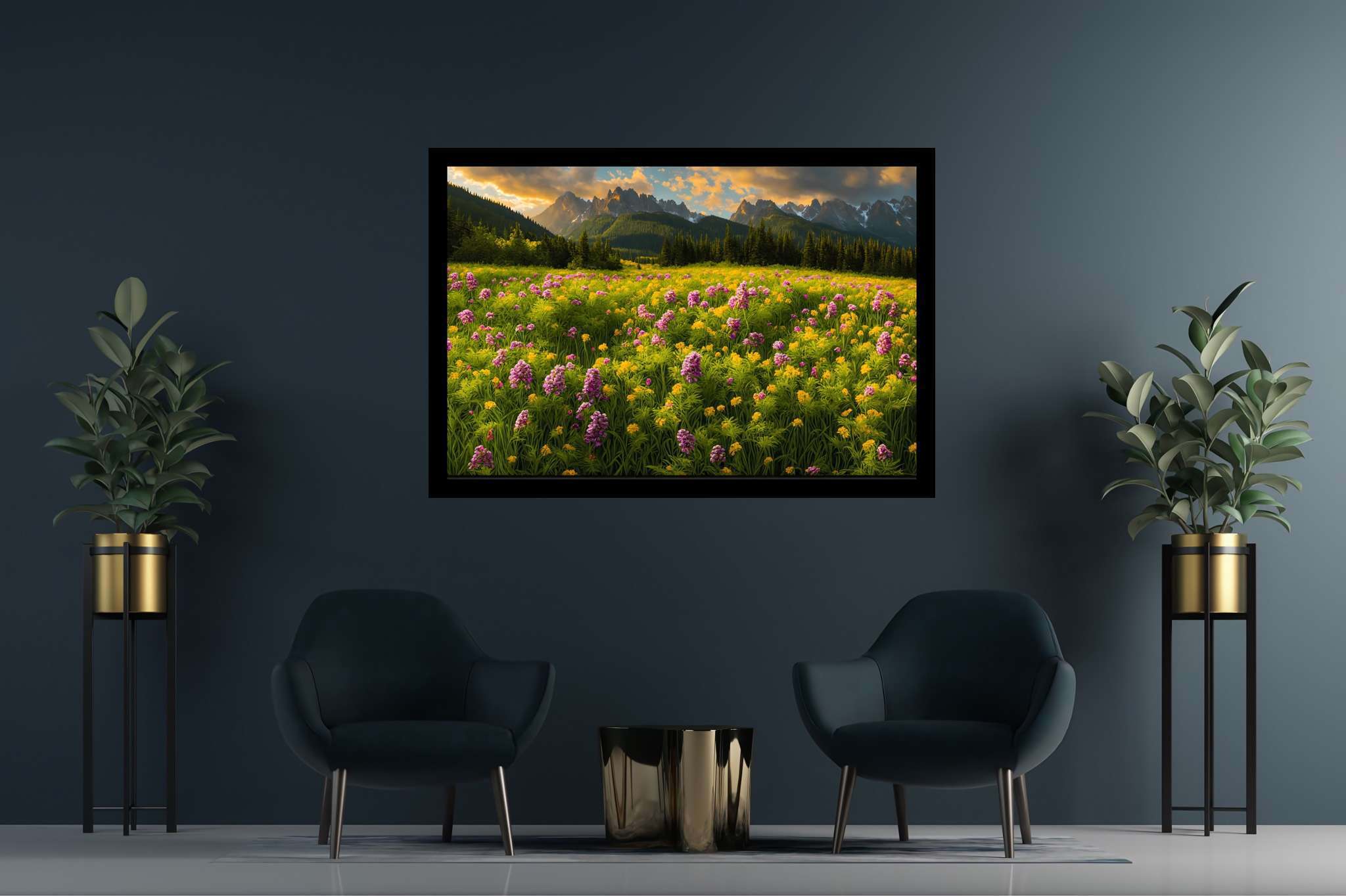 Serenade of the sundown peaks: Scenic landscape art with scenic landscapes, in a room with chic decor, wall hangings, and home styling items. The art can be printed on poster, framed poster, canvas, metal, acrylic or wood, exclusively at WallArtZen. Find this exact print at https://wallartzen.com/waz105