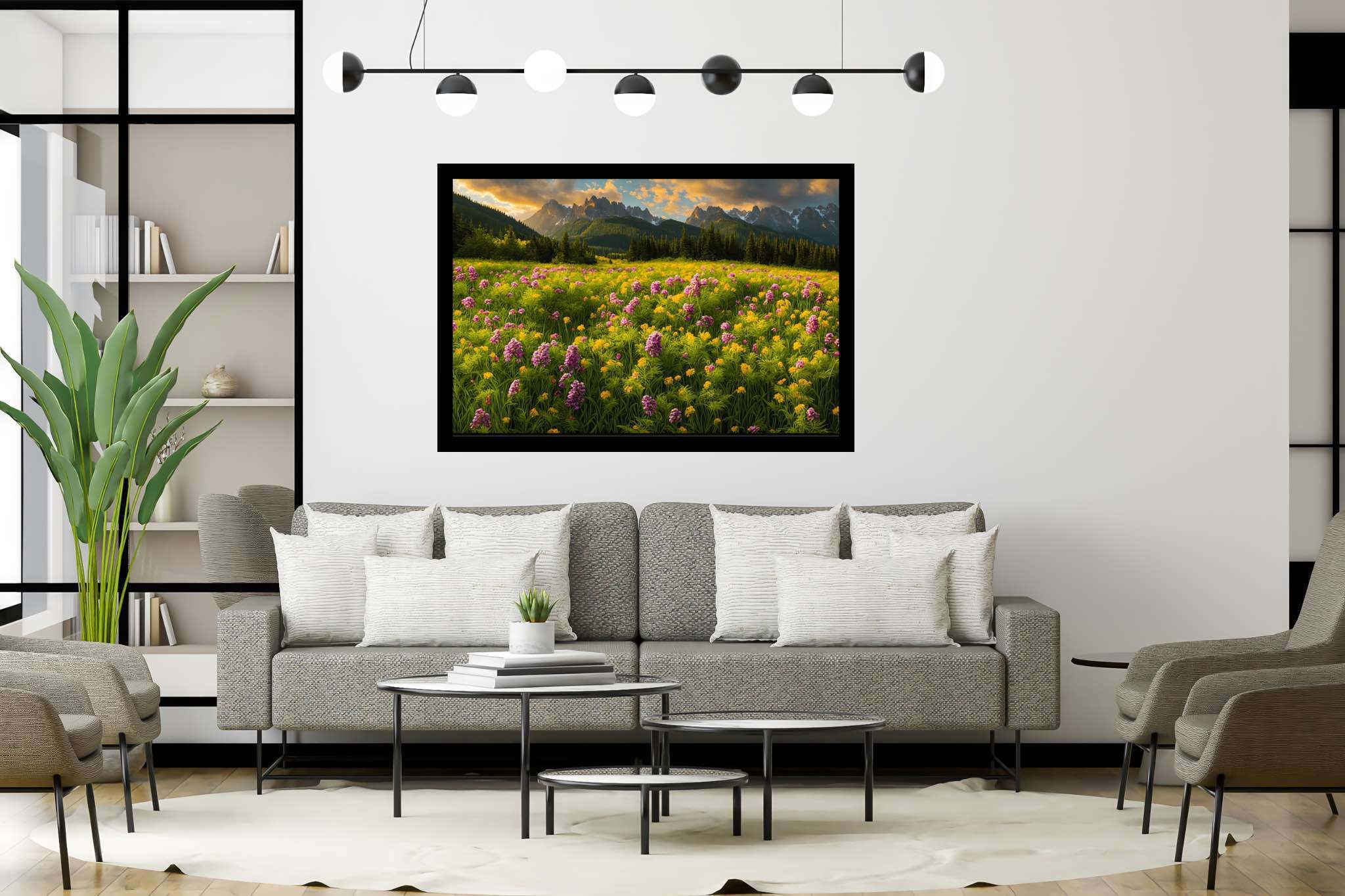 Serenade of the sundown peaks: Scenic landscape art with landscape paintings, in a room with elegant layout, fine art prints, and decorative pieces. The art can be printed on poster, framed poster, canvas, metal, acrylic or wood, exclusively at WallArtZen. Find this exact print at https://wallartzen.com/waz105
