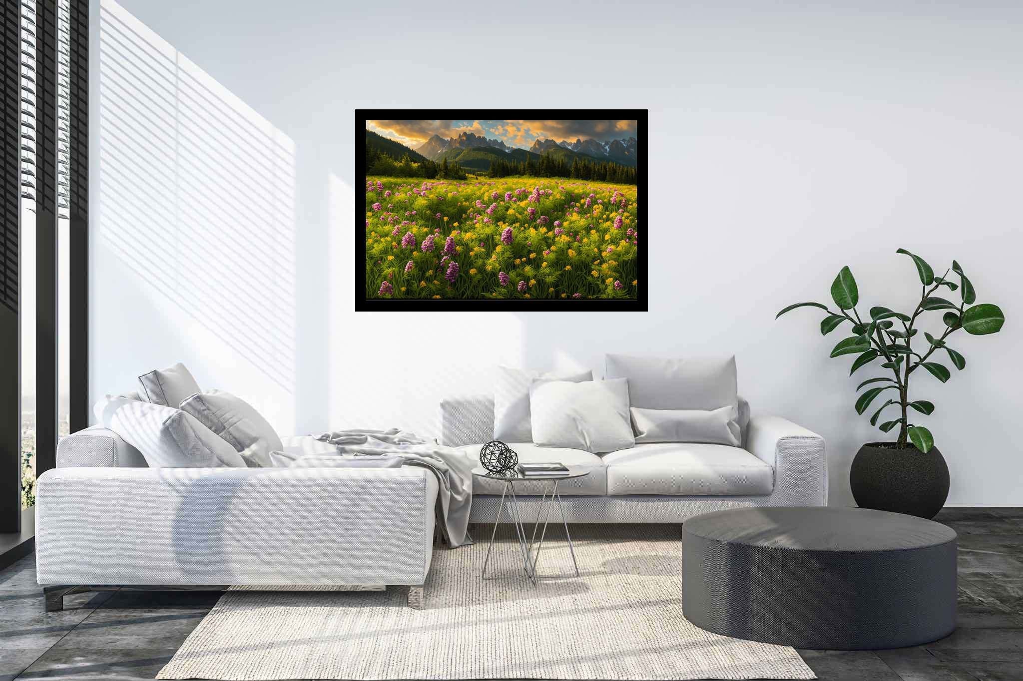 Serenade of the sundown peaks: Scenic landscape art with breathtaking vistas, in a room with minimalist approach, abstract paintings, and home furnishings. The art can be printed on poster, framed poster, canvas, metal, acrylic or wood, exclusively at WallArtZen. Find this exact print at https://wallartzen.com/waz105