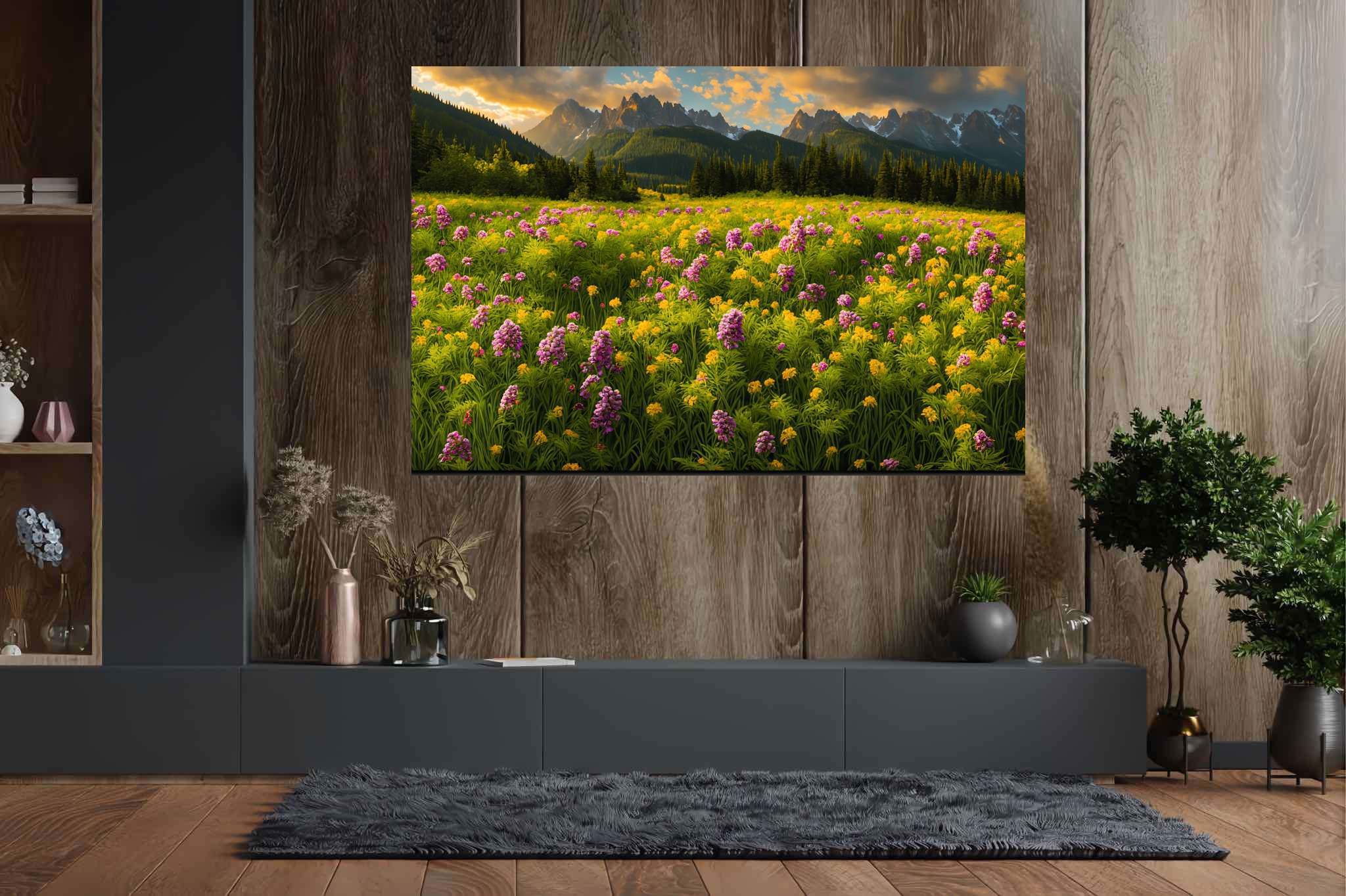 Serenade of the sundown peaks: Scenic landscape art with landscape paintings, in a room with great design, abstract paintings, and elegant home goods. The art can be printed on poster, framed poster, canvas, metal, acrylic or wood, exclusively at WallArtZen. Find this exact print at https://wallartzen.com/waz105
