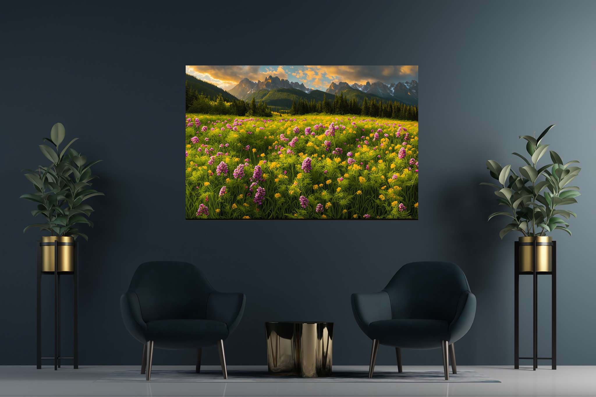 Serenade of the sundown peaks: Scenic landscape art with artwork inspired by nature, in a room with elegant layout, wall art, and elegant home goods. The art can be printed on poster, framed poster, canvas, metal, acrylic or wood, exclusively at WallArtZen. Find this exact print at https://wallartzen.com/waz105