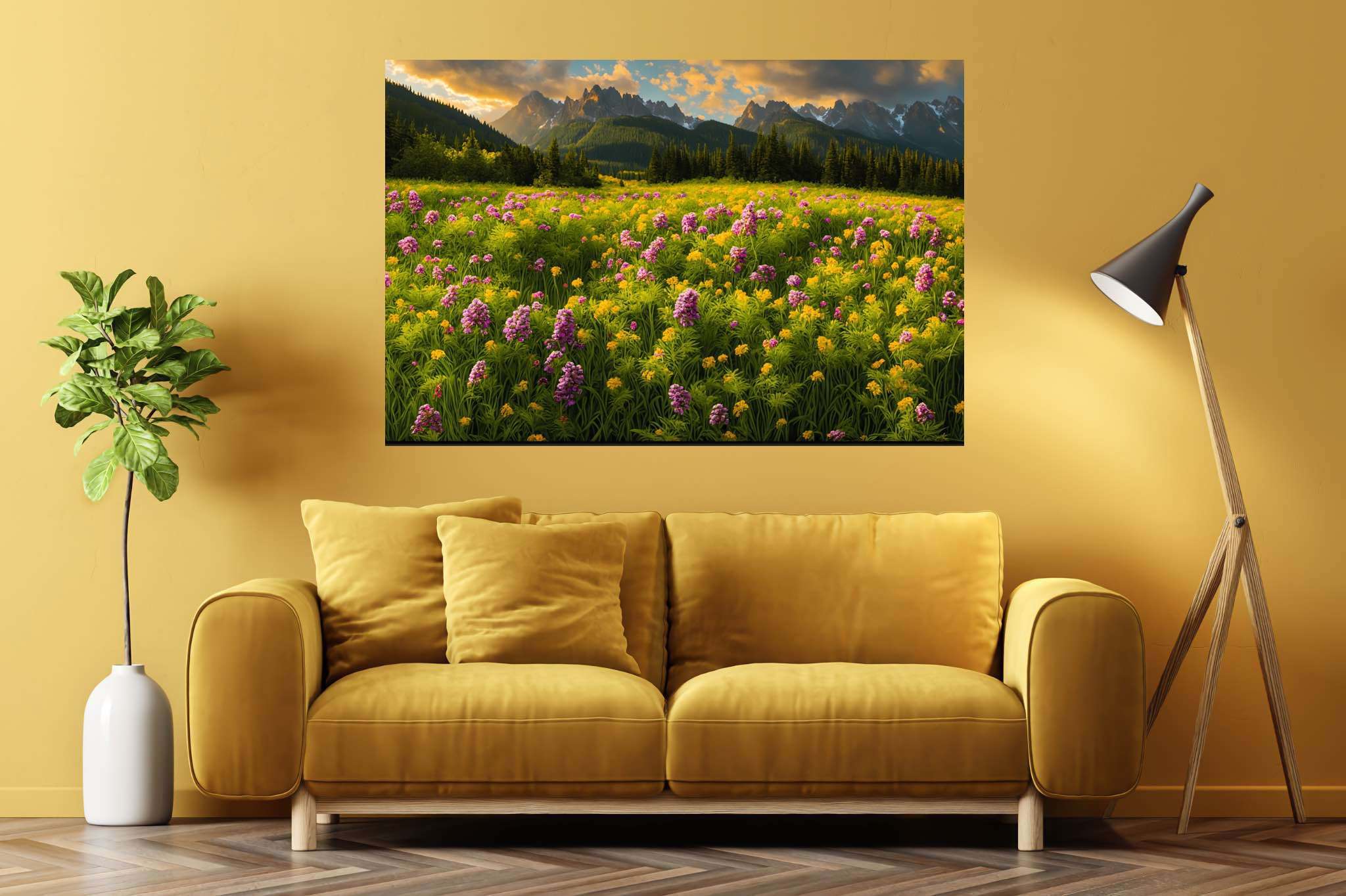Serenade of the sundown peaks: Scenic landscape art with landscape-inspired paintings, in a room with minimalist approach, bespoke art designs, and elegant home goods. The art can be printed on poster, framed poster, canvas, metal, acrylic or wood, exclusively at WallArtZen. Find this exact print at https://wallartzen.com/waz105