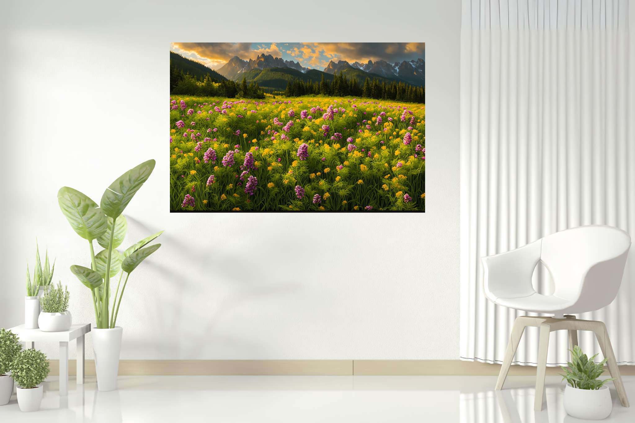 Serenade of the sundown peaks: Scenic landscape art with artwork inspired by nature, in a room with chic decor, photographic wall art, and designer furniture. The art can be printed on poster, framed poster, canvas, metal, acrylic or wood, exclusively at WallArtZen. Find this exact print at https://wallartzen.com/waz105