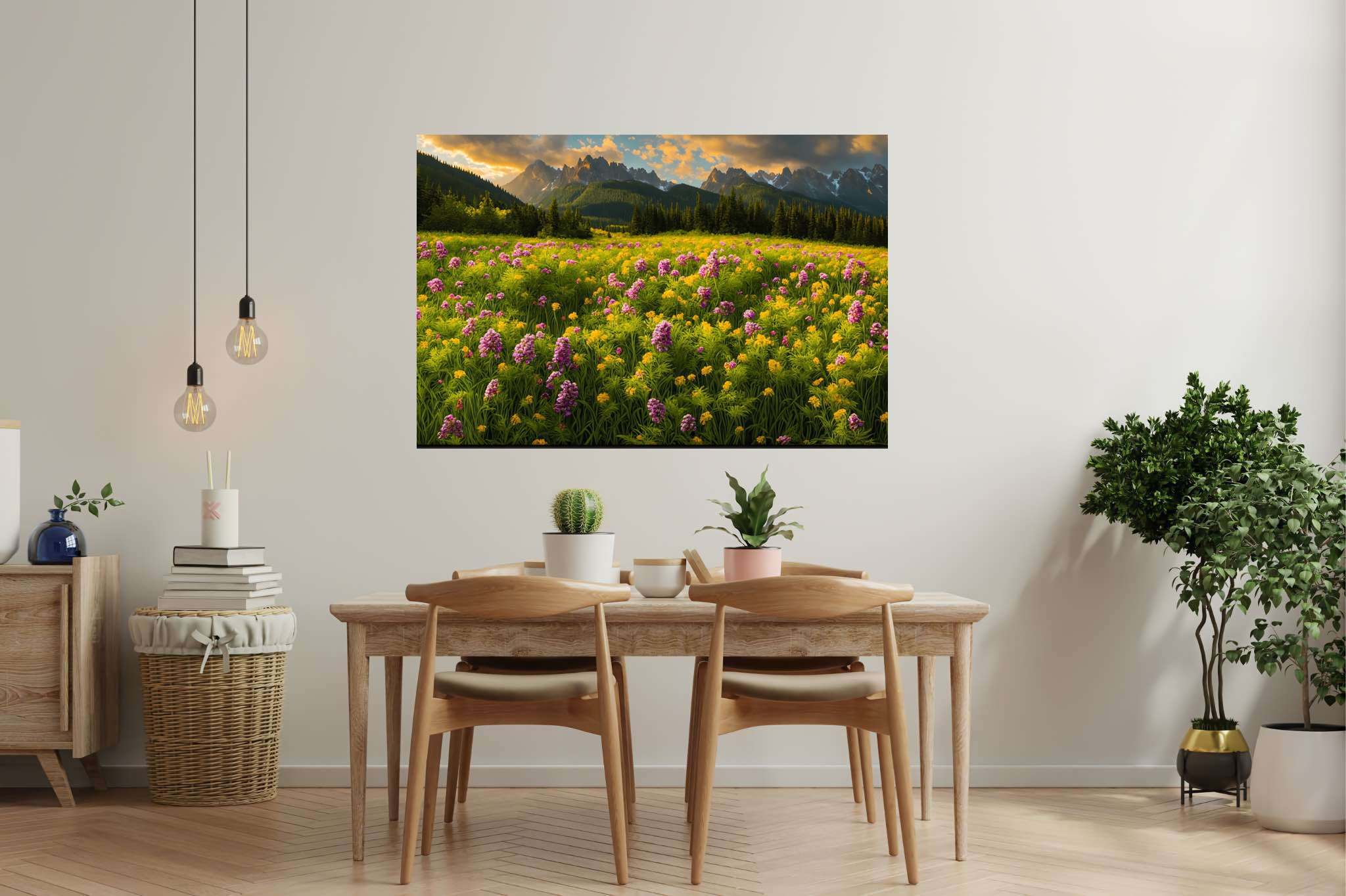 Serenade of the sundown peaks: Scenic landscape art with picturesque landscapes, in a room with innovative layout, digital art pieces, and elegant home goods. The art can be printed on poster, framed poster, canvas, metal, acrylic or wood, exclusively at WallArtZen. Find this exact print at https://wallartzen.com/waz105