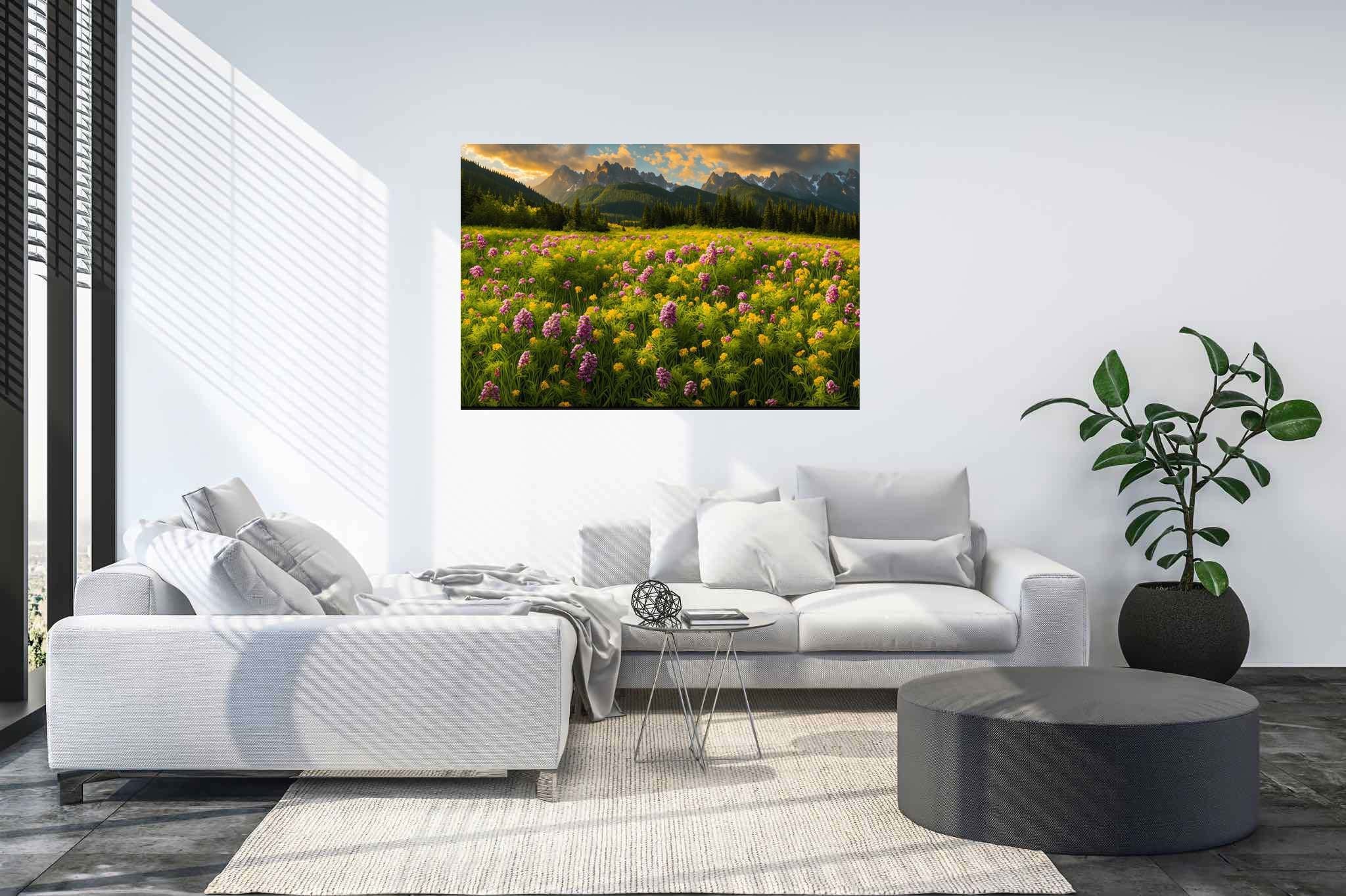 Serenade of the sundown peaks: Scenic landscape art with outdoor scenery, in a room with classic elegance, canvas prints, and luxe decor. The art can be printed on poster, framed poster, canvas, metal, acrylic or wood, exclusively at WallArtZen. Find this exact print at https://wallartzen.com/waz105