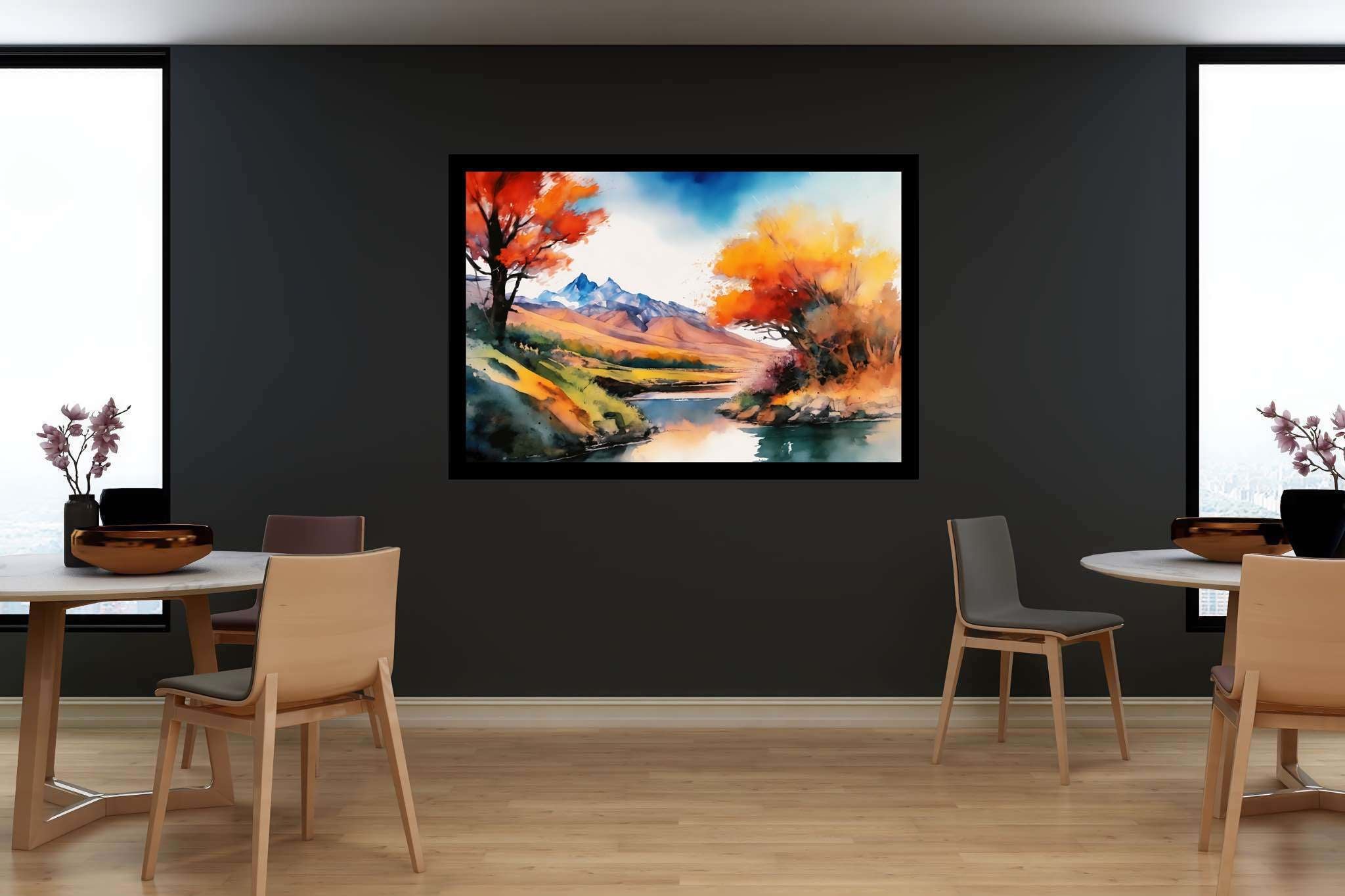 Serenity's embrace: Vibrant landscape art with vibrant landscape imagery, in a room with innovative layout, digital art pieces, and home furnishings. The art can be printed on poster, framed poster, canvas, metal, acrylic or wood, exclusively at WallArtZen. Find this exact print at https://wallartzen.com/waz106
