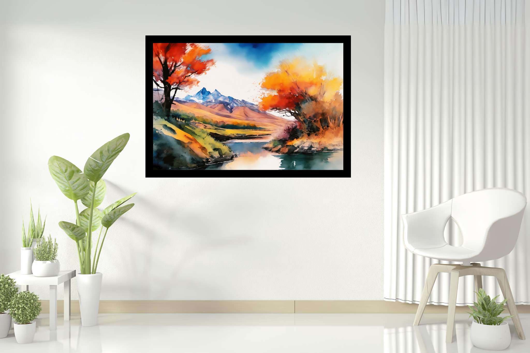 Serenity's embrace: Vibrant landscape art with lively landscape artwork, in a room with modern style, abstract paintings, and home furnishings. The art can be printed on poster, framed poster, canvas, metal, acrylic or wood, exclusively at WallArtZen. Find this exact print at https://wallartzen.com/waz106