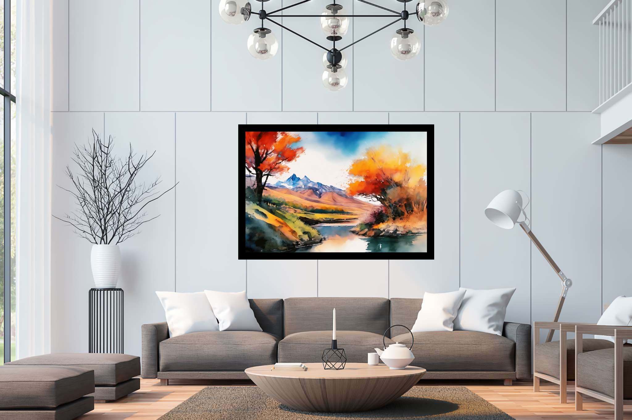 Serenity's embrace: Vibrant landscape art with lively and vivid outdoor art, in a room with great design, mural artworks, and interior decorations. The art can be printed on poster, framed poster, canvas, metal, acrylic or wood, exclusively at WallArtZen. Find this exact print at https://wallartzen.com/waz106