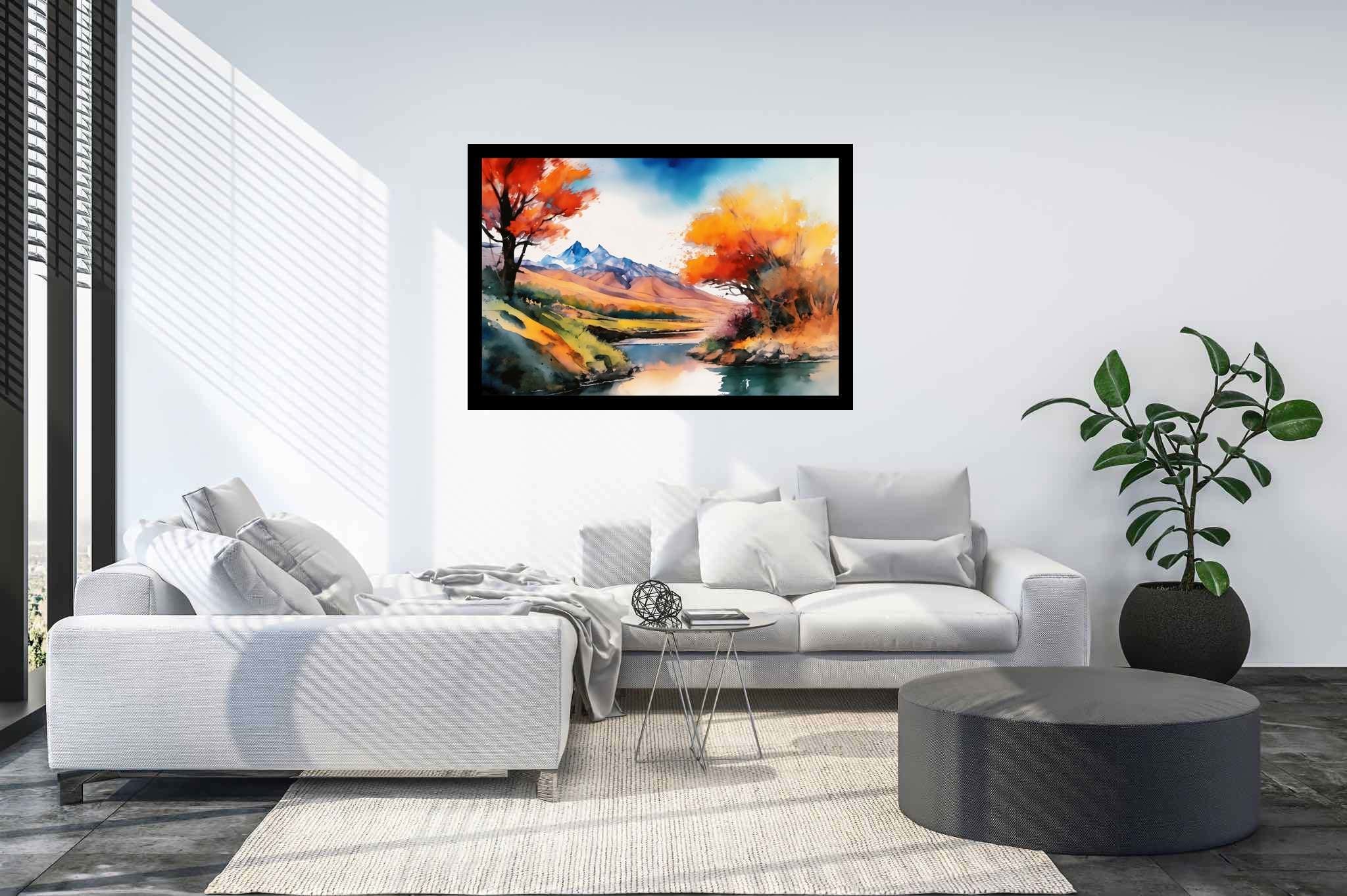 Serenity's embrace: Vibrant landscape art with expressive nature paintings, in a room with minimalist approach, bespoke art designs, and trendy home accents. The art can be printed on poster, framed poster, canvas, metal, acrylic or wood, exclusively at WallArtZen. Find this exact print at https://wallartzen.com/waz106