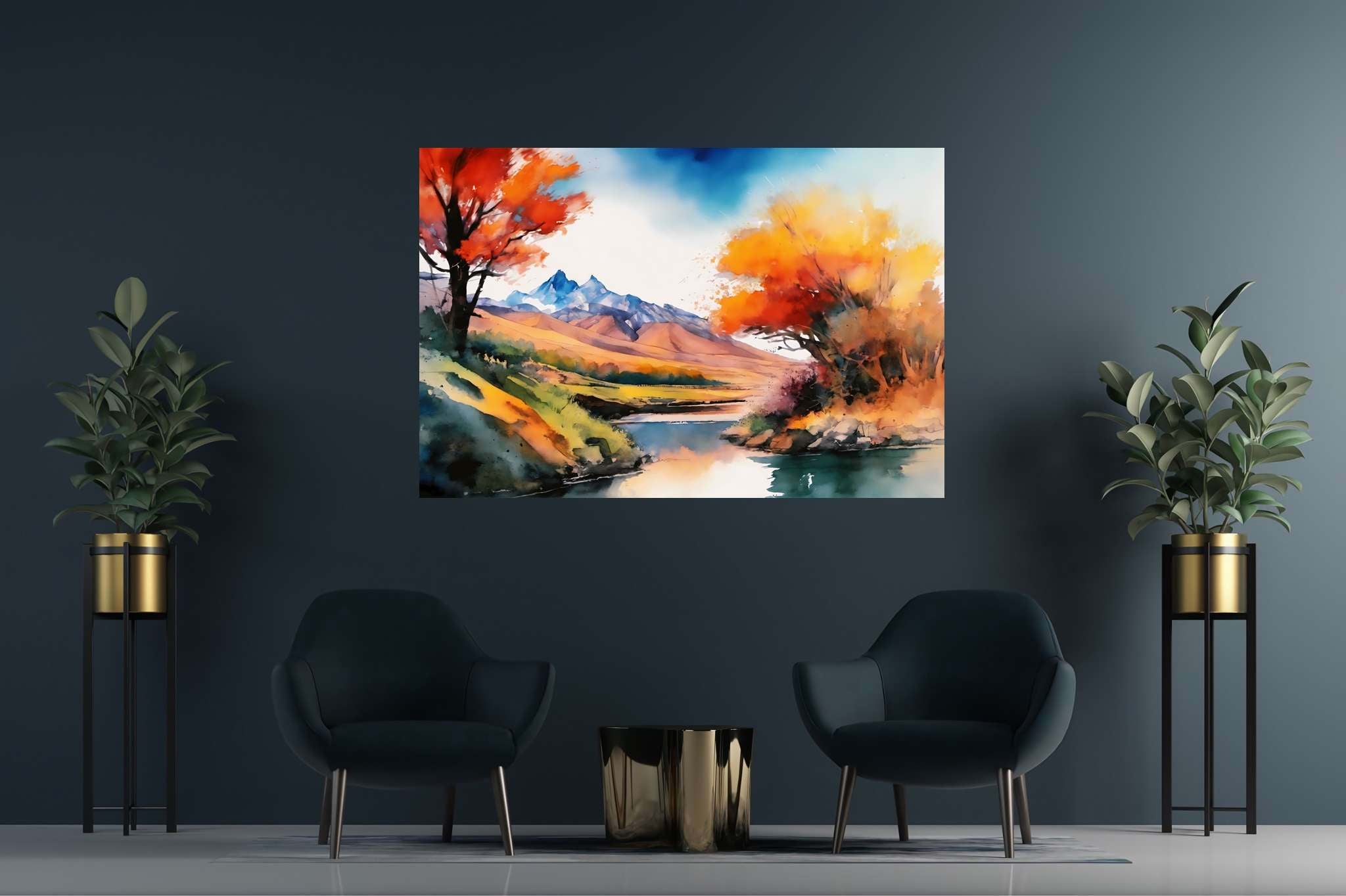 Serenity's embrace: Vibrant landscape art with dynamic and energetic nature artwork, in a room with elegant layout, gallery-quality artwork, and elegant home goods. The art can be printed on poster, framed poster, canvas, metal, acrylic or wood, exclusively at WallArtZen. Find this exact print at https://wallartzen.com/waz106