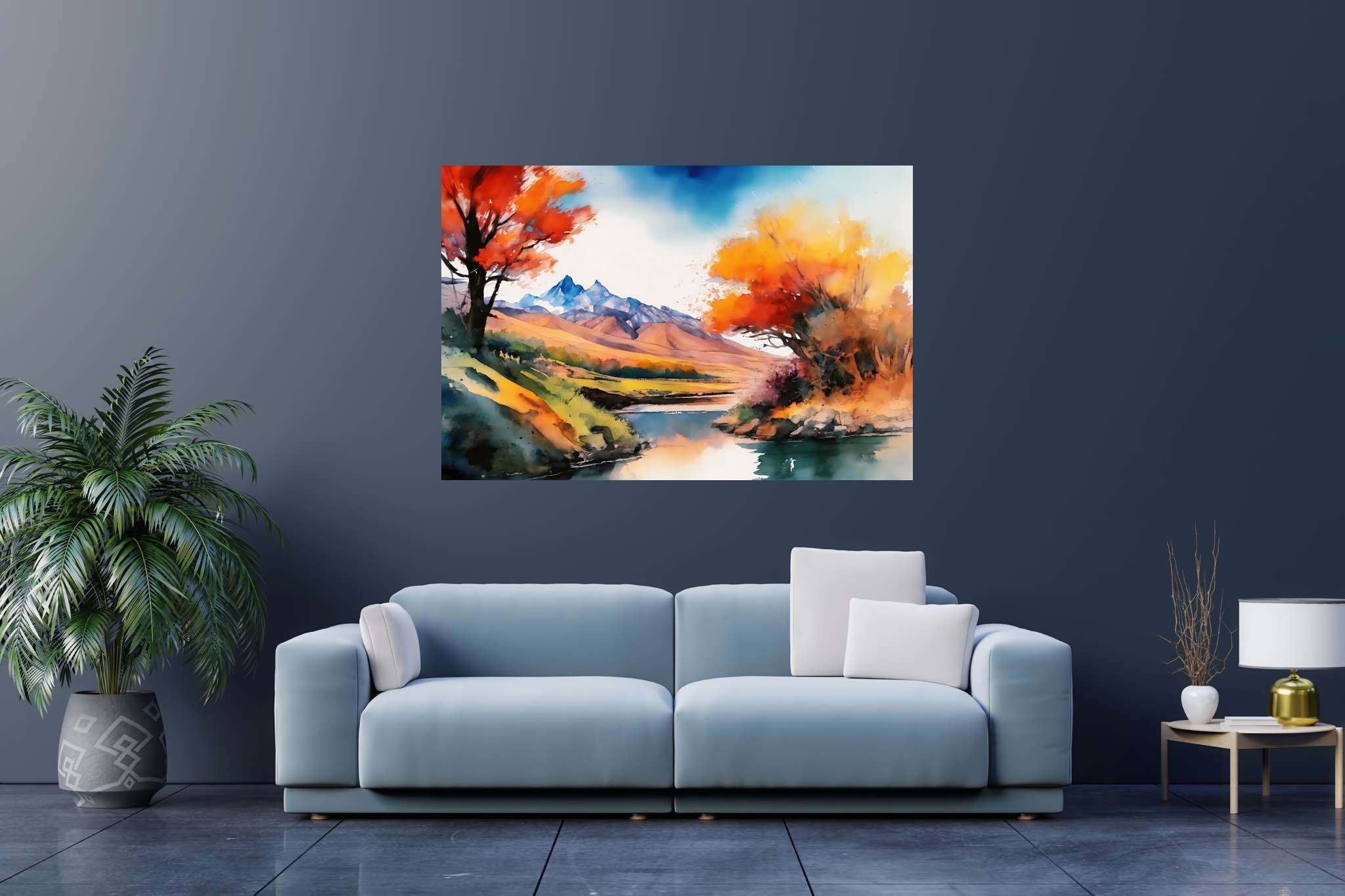 Serenity's embrace: Vibrant landscape art with colorful scenic paintings, in a room with chic decor, framed art, and home furnishings. The art can be printed on poster, framed poster, canvas, metal, acrylic or wood, exclusively at WallArtZen. Find this exact print at https://wallartzen.com/waz106