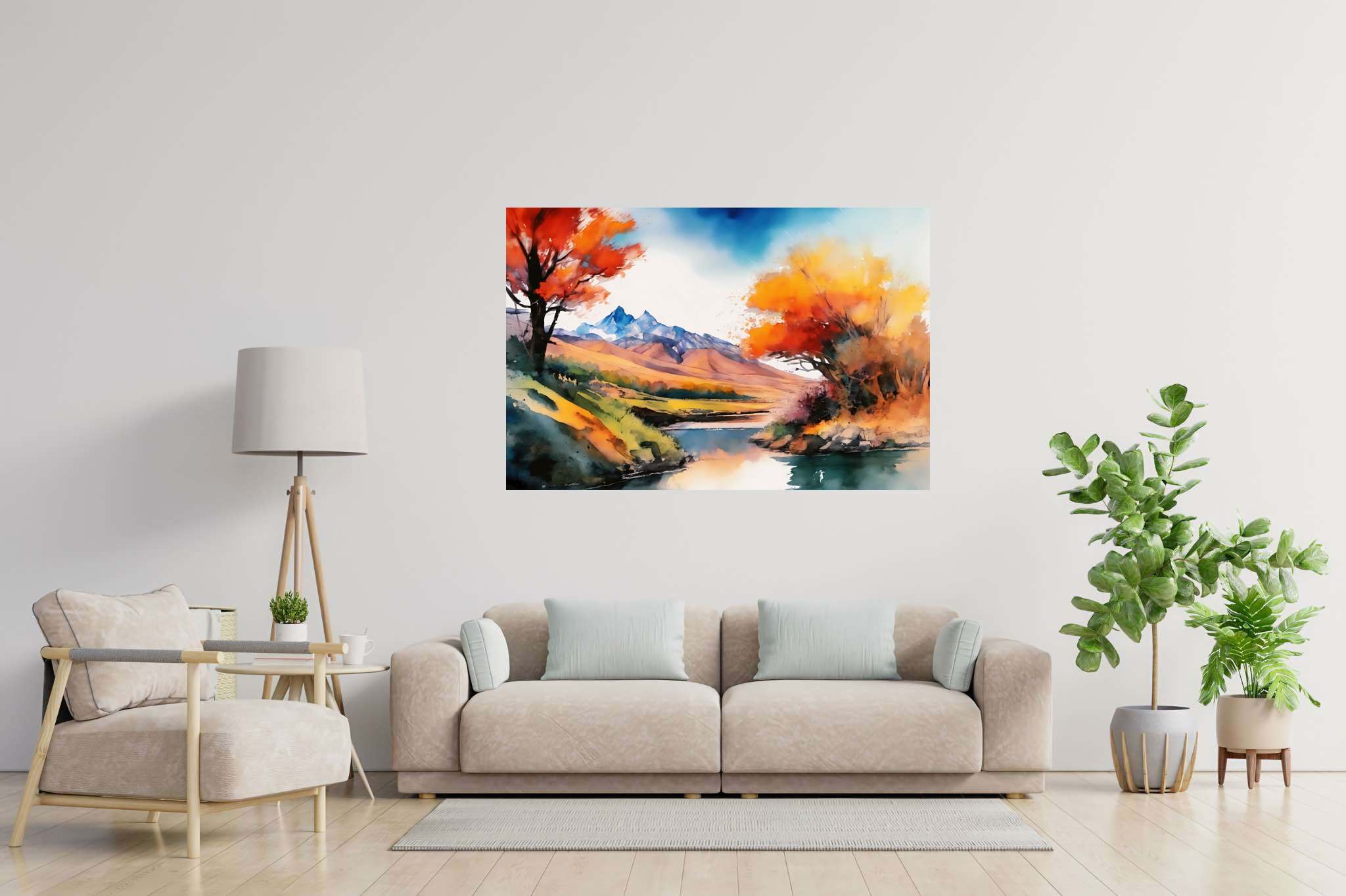 Serenity's embrace: Vibrant landscape art with lively nature scenery, in a room with chic decor, mural artworks, and home styling items. The art can be printed on poster, framed poster, canvas, metal, acrylic or wood, exclusively at WallArtZen. Find this exact print at https://wallartzen.com/waz106