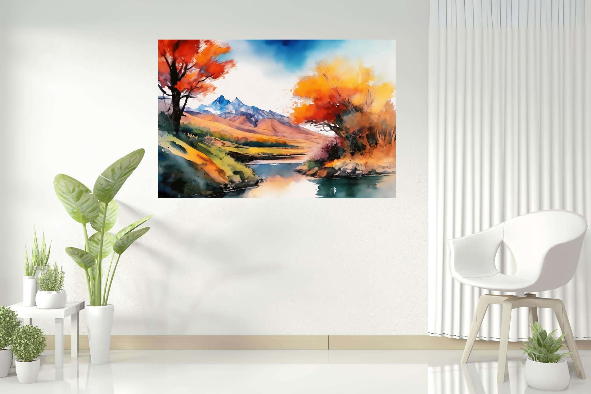 Serenity's embrace: Vibrant landscape art with colorful scenic paintings, in a room with artistic style, photographic wall art, and home furnishings. The art can be printed on poster, framed poster, canvas, metal, acrylic or wood, exclusively at WallArtZen. Find this exact print at https://wallartzen.com/waz106