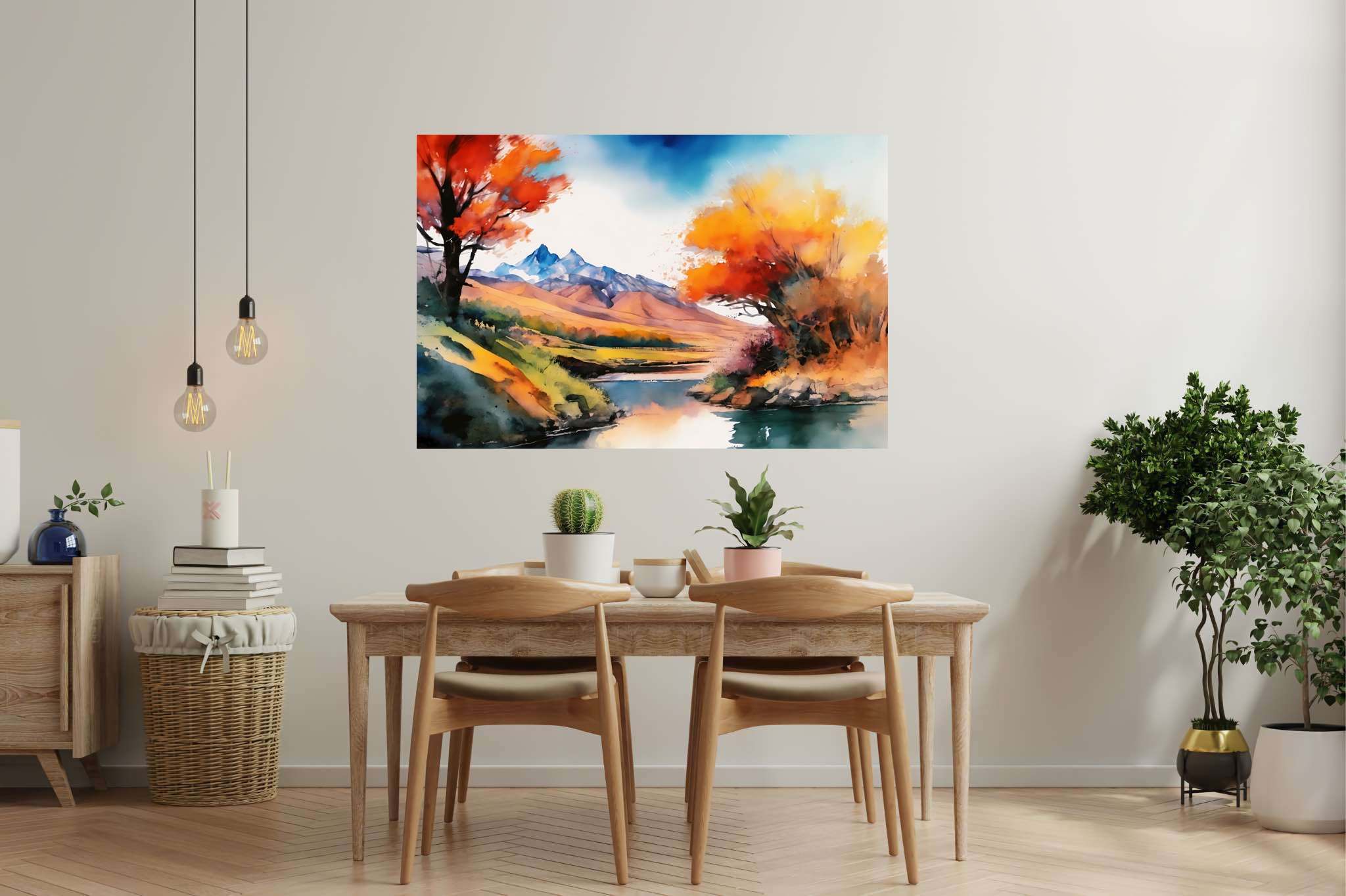 Serenity's embrace: Vibrant landscape art with dynamic and energetic nature artwork, in a room with contemporary flair, abstract paintings, and trendy home accents. The art can be printed on poster, framed poster, canvas, metal, acrylic or wood, exclusively at WallArtZen. Find this exact print at https://wallartzen.com/waz106