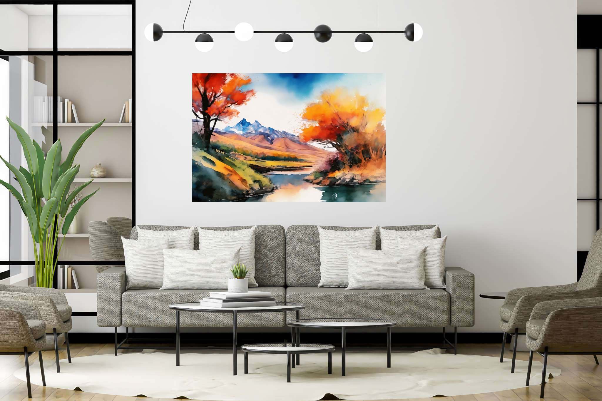 Serenity's embrace: Vibrant landscape art with lively and vivid outdoor art, in a room with artistic style, gallery-quality artwork, and home furnishings. The art can be printed on poster, framed poster, canvas, metal, acrylic or wood, exclusively at WallArtZen. Find this exact print at https://wallartzen.com/waz106