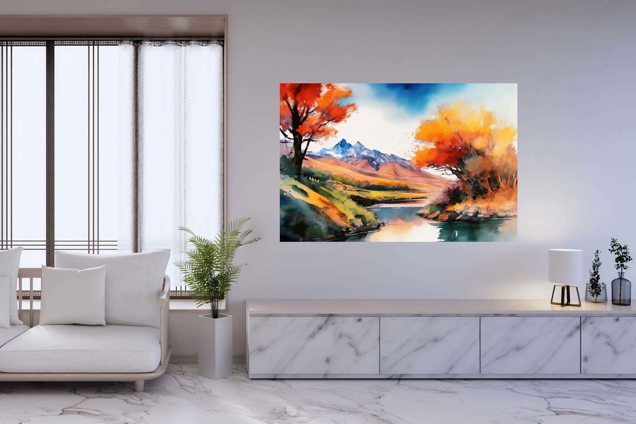 Serenity's embrace: Vibrant landscape art with vibrant landscape imagery, in a room with innovative layout, wall hangings, and luxe decor. The art can be printed on poster, framed poster, canvas, metal, acrylic or wood, exclusively at WallArtZen. Find this exact print at https://wallartzen.com/waz106