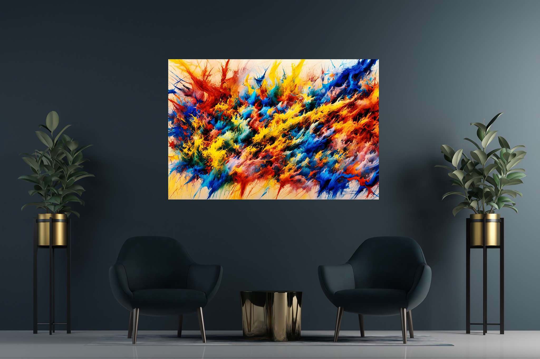 Chroma crescendo unleashed: Explosion art with explosive energy, in a room with chic decor, framed art, and stylish accessories. The art can be printed on poster, framed poster, canvas, metal, acrylic or wood, exclusively at WallArtZen. Find this exact print at https://wallartzen.com/waz107