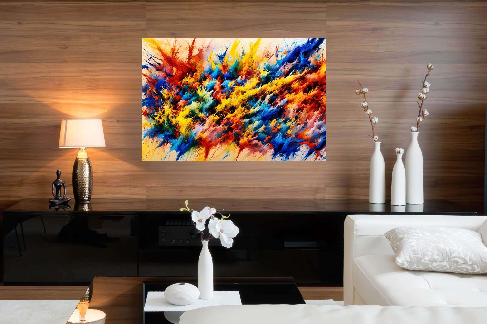 Chroma crescendo unleashed: Explosion art with abstract pyrotechnics, in a room with contemporary flair, wall art, and luxe decor. The art can be printed on poster, framed poster, canvas, metal, acrylic or wood, exclusively at WallArtZen. Find this exact print at https://wallartzen.com/waz107