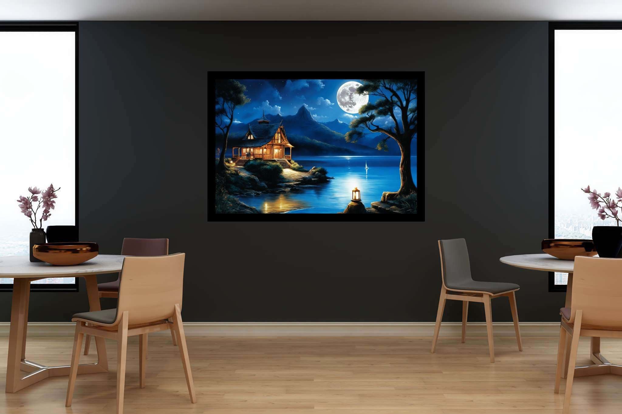 Moonlit serenity retreat: Lakeside art with lakeside creativity, in a room with artistic style, mural artworks, and luxe decor. The art can be printed on poster, framed poster, canvas, metal, acrylic or wood, exclusively at WallArtZen. Find this exact print at https://wallartzen.com/waz108