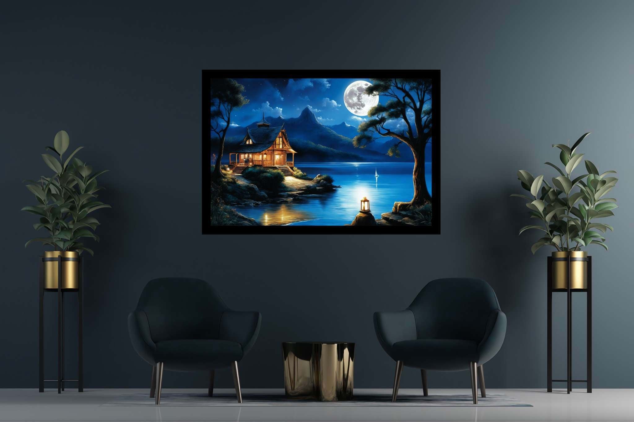 Moonlit serenity retreat: Lakeside art with lakeside sculptures, in a room with elegant layout, framed art, and elegant home goods. The art can be printed on poster, framed poster, canvas, metal, acrylic or wood, exclusively at WallArtZen. Find this exact print at https://wallartzen.com/waz108