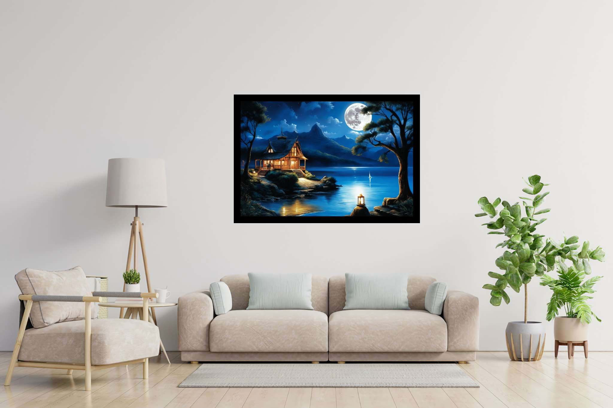 Moonlit serenity retreat: Lakeside art with serene lakeside scenes, in a room with chic decor, fine art prints, and elegant home goods. The art can be printed on poster, framed poster, canvas, metal, acrylic or wood, exclusively at WallArtZen. Find this exact print at https://wallartzen.com/waz108