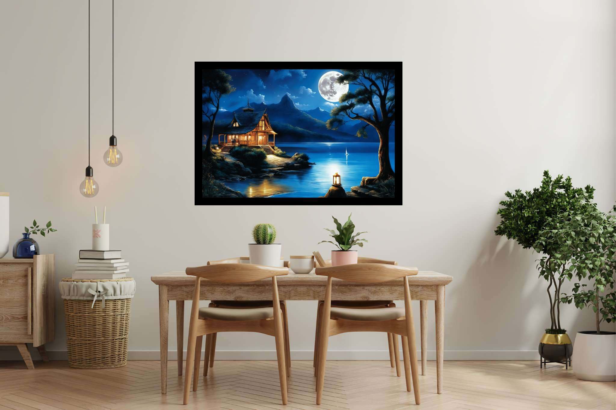 Moonlit serenity retreat: Lakeside art with lakeside beauty, in a room with classic elegance, abstract paintings, and luxe decor. The art can be printed on poster, framed poster, canvas, metal, acrylic or wood, exclusively at WallArtZen. Find this exact print at https://wallartzen.com/waz108