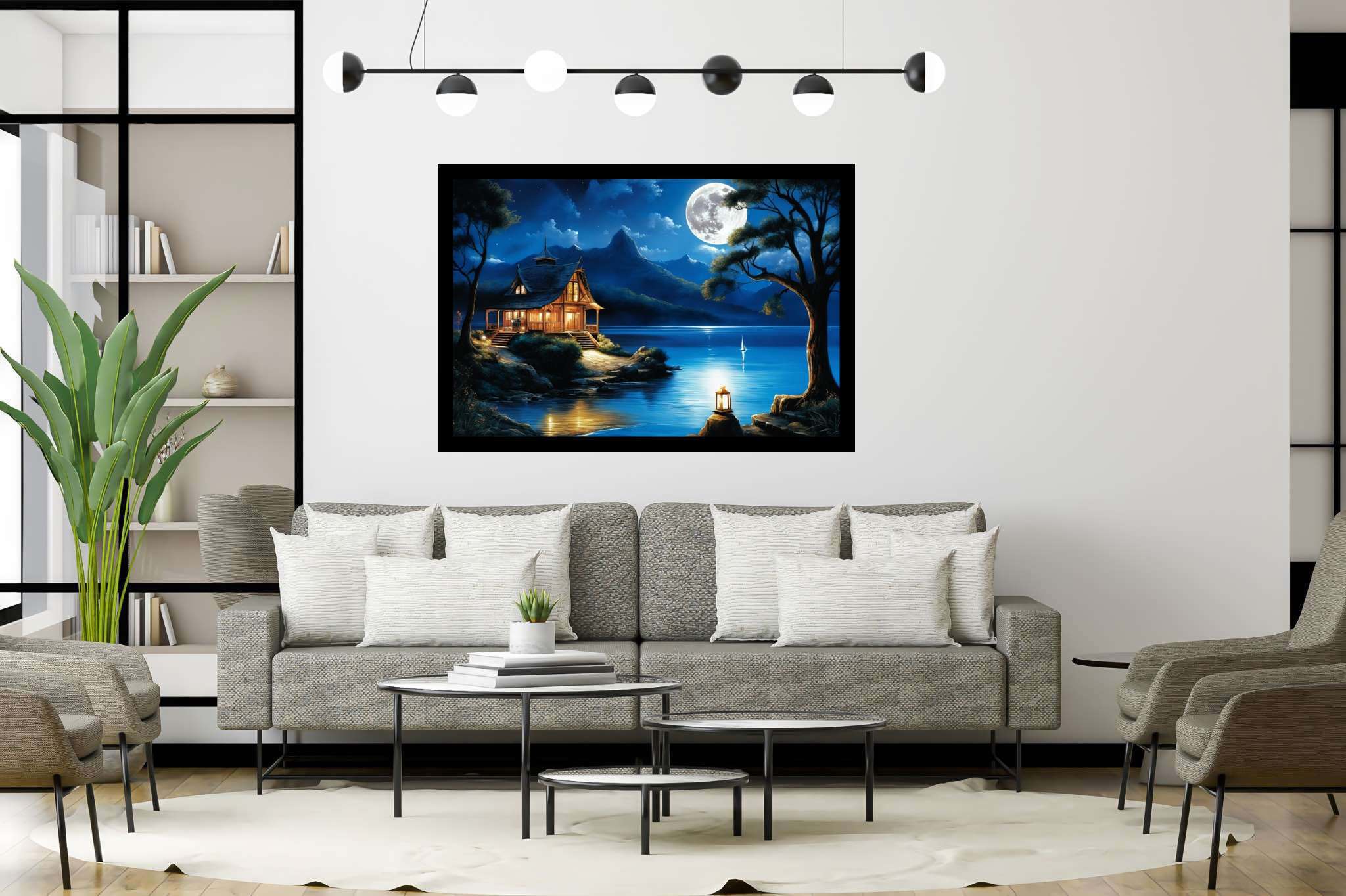 Moonlit serenity retreat: Lakeside art with serene lakeside scenes, in a room with classic elegance, fine art prints, and trendy home accents. The art can be printed on poster, framed poster, canvas, metal, acrylic or wood, exclusively at WallArtZen. Find this exact print at https://wallartzen.com/waz108