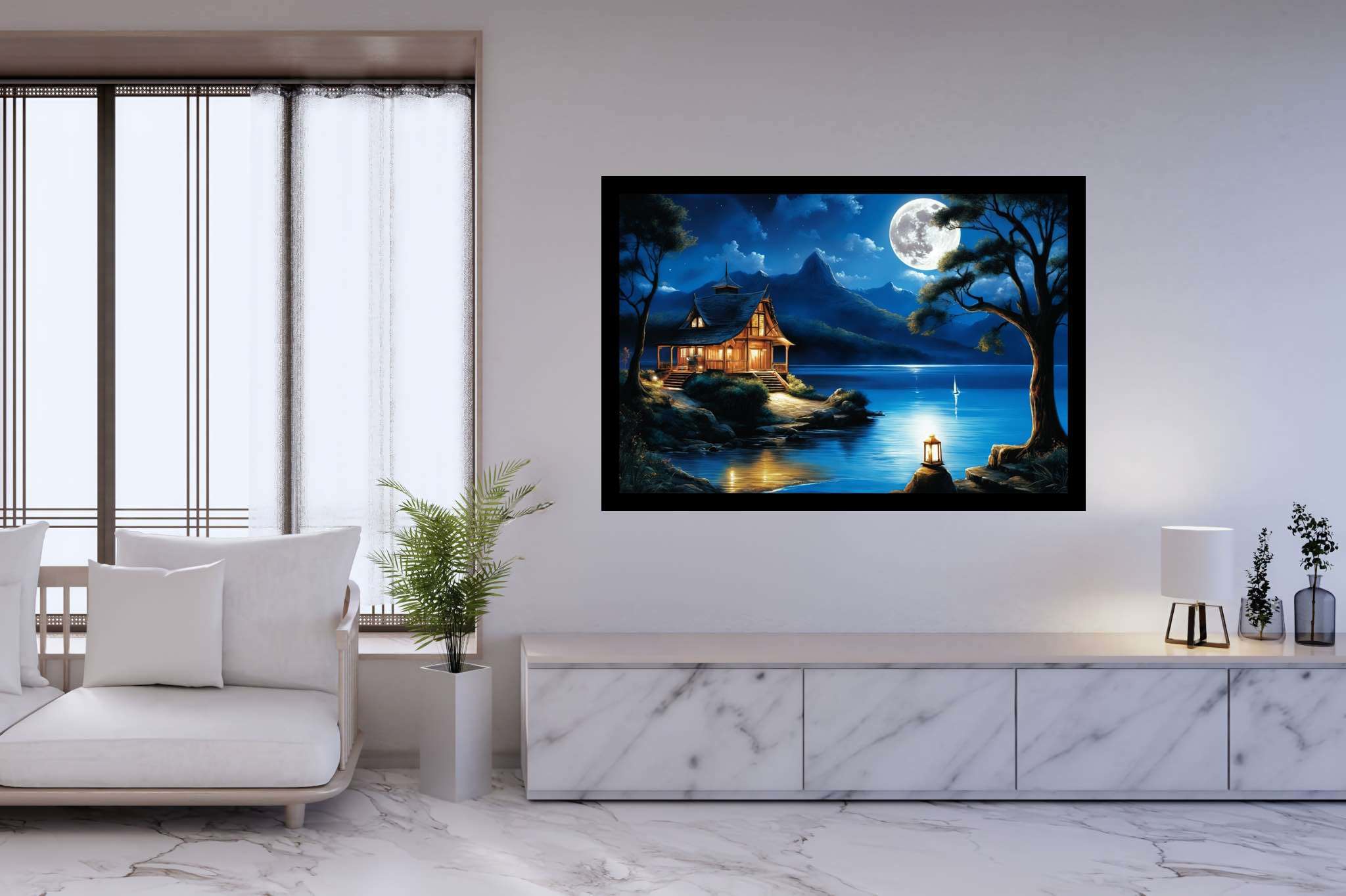 Moonlit serenity retreat: Lakeside art with nature-inspired artworks, in a room with elegant layout, digital art pieces, and stylish accessories. The art can be printed on poster, framed poster, canvas, metal, acrylic or wood, exclusively at WallArtZen. Find this exact print at https://wallartzen.com/waz108